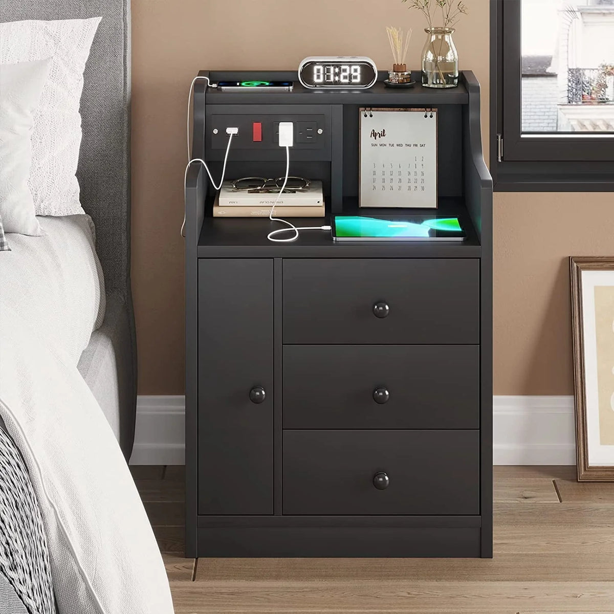 Nightstand with 3 Storage Drawers and Hutch, Black Night Stand with Charging Station End Side Table with 1 Door, Modern Bedside Table for Bedroom