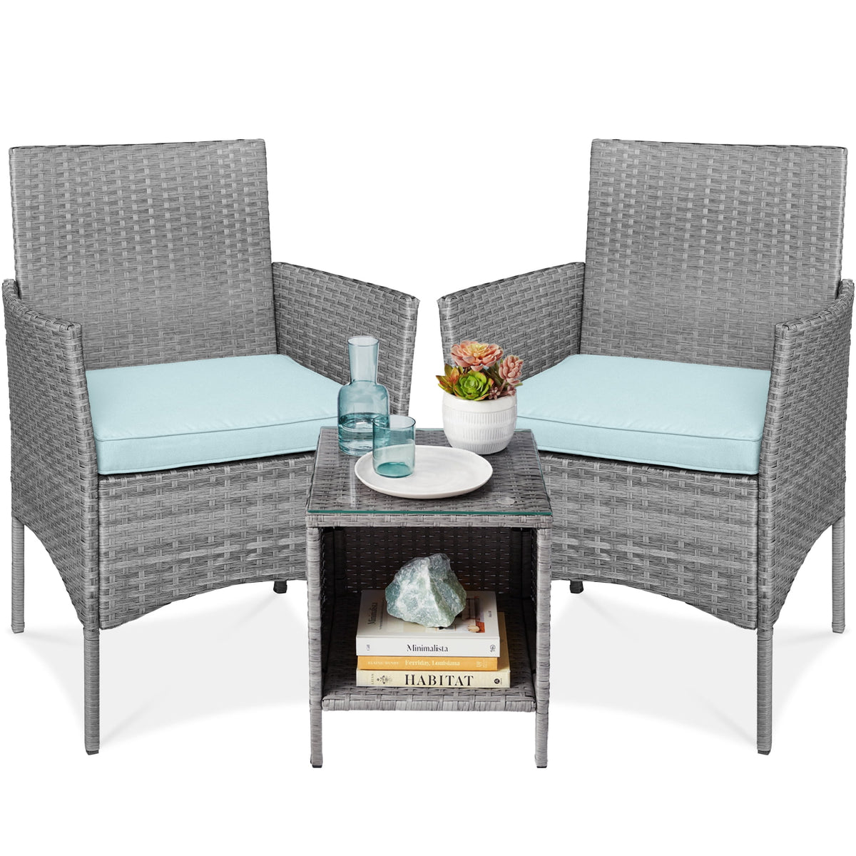 Best Choice Products 3-Piece Outdoor Wicker Conversation Patio Bistro Set, w/ 2 Chairs, Table - Gray/Navy