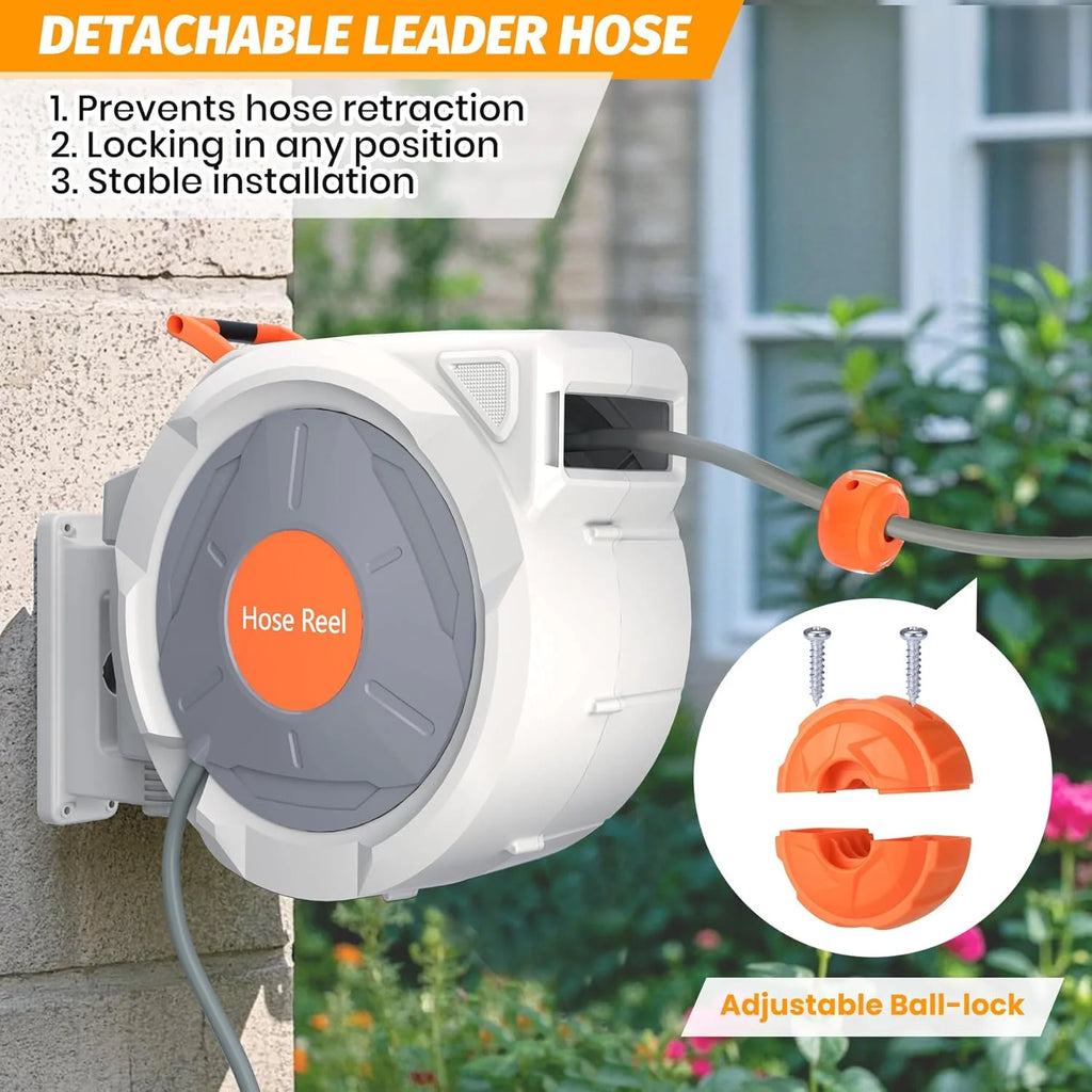 Auto-Retract Wall-Mounted Garden Hose Reel w/9-Pattern Nozzle, 180 Swivel & Any-Length Lock, 600PSI Durable