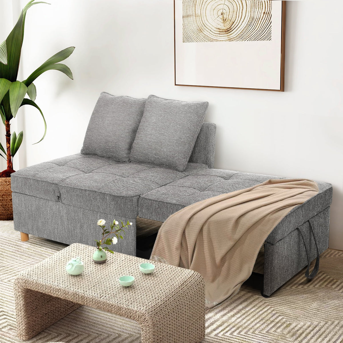 SEJOV 4-in-1 Convertible Sleeper Chair Bed, Linen Sofa Bed for Small Space, Futon Sofa with 2 Throw Pillows for Living Room, Single Recliner with 5 Adjustable Backrest for Bedroom Apartment, Brown