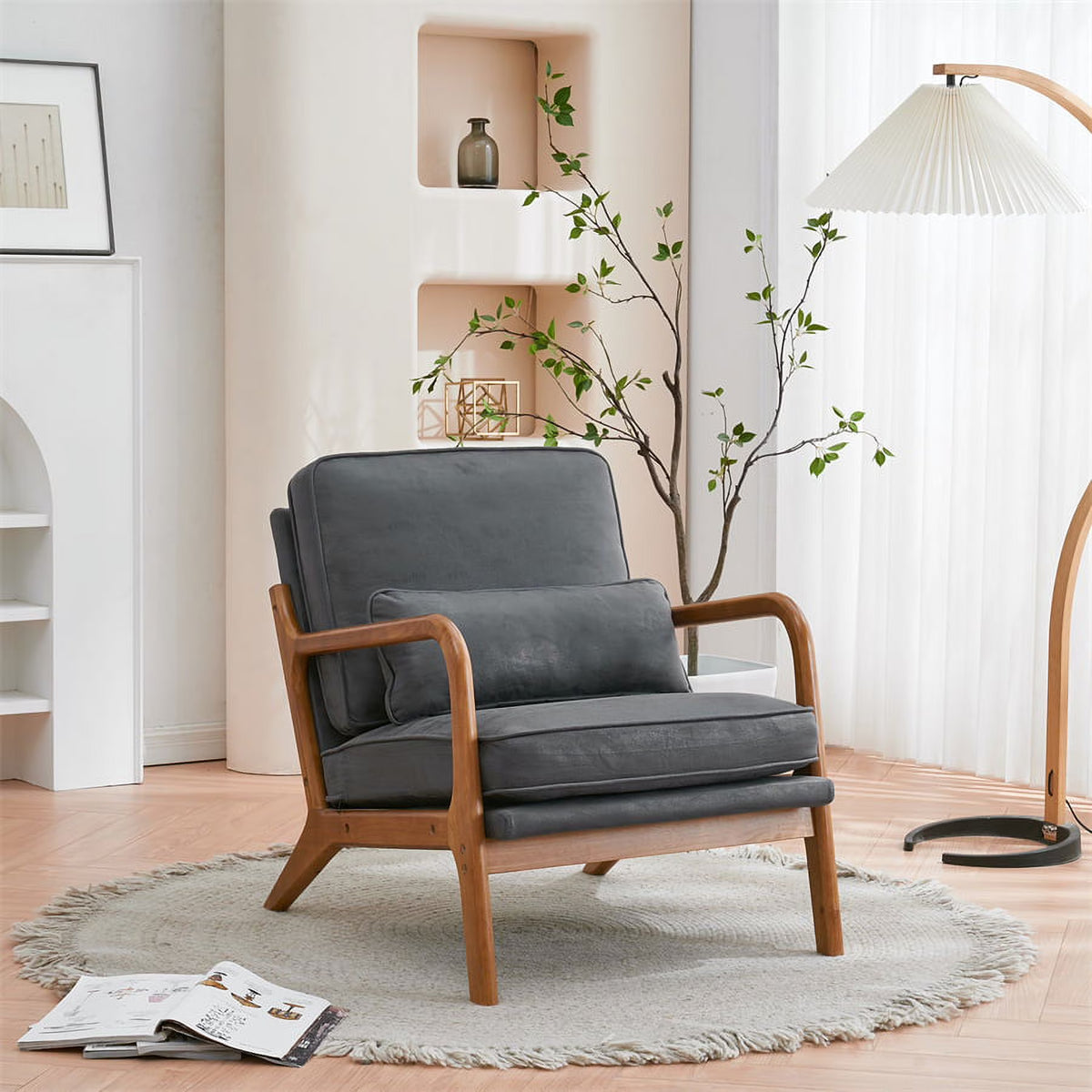 Modern Accent Chair, Upholstered Armchair with Wood Frame, Bronzing Cloth Single Sofa Chair with Lumbar Pillow for Living Room Bedroom Apartment, Orange