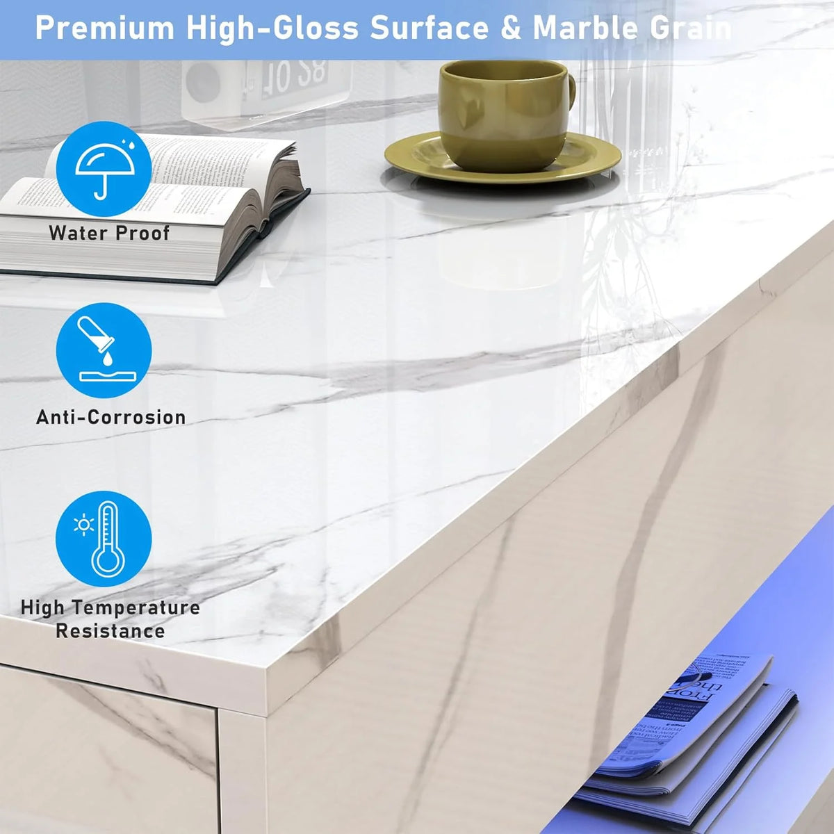 ChVans Large Black LED Coffee Table with 2 Storage Drawers, Modern High Gloss Coffee Table w/20 Colors LED Lights/APP Control, 2 Tiers Rectangle Large Living Room Furniture w/Marbling Print(47.3")