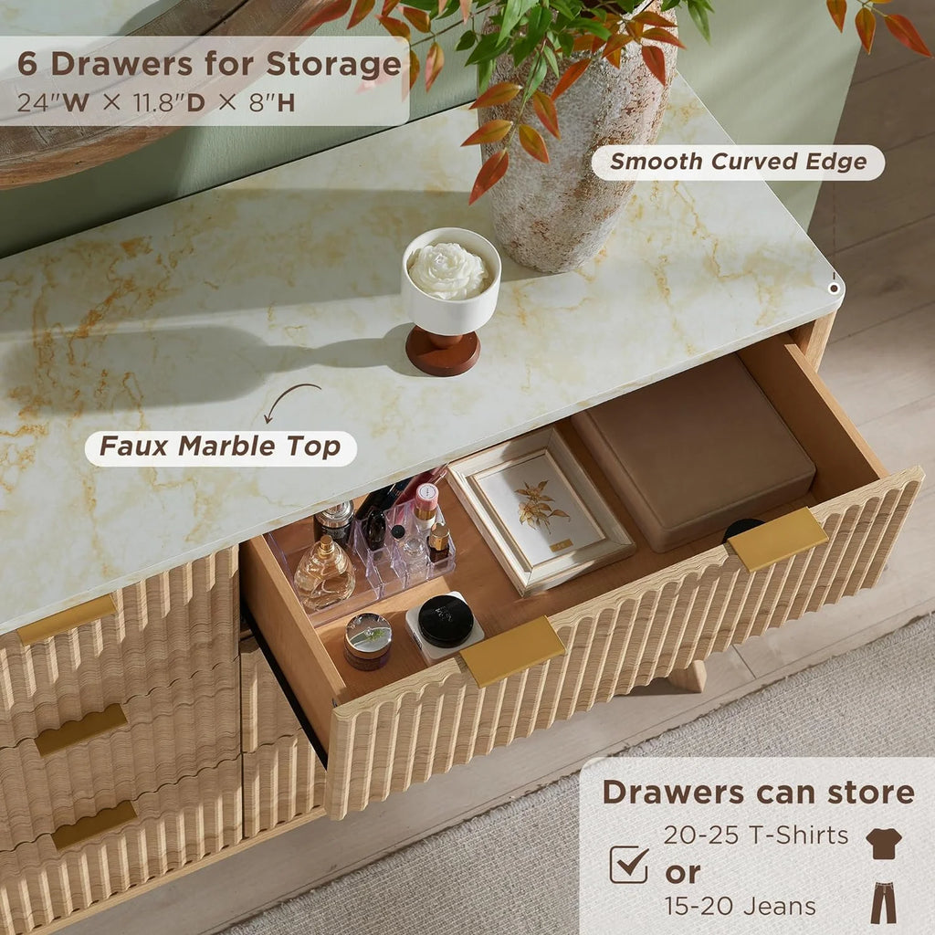 OKD 6 Drawer Dresser for Bedroom with Faux Marble Top, Modern Wood Chest of Drawers, Dresser Organizer, Natural Oak
