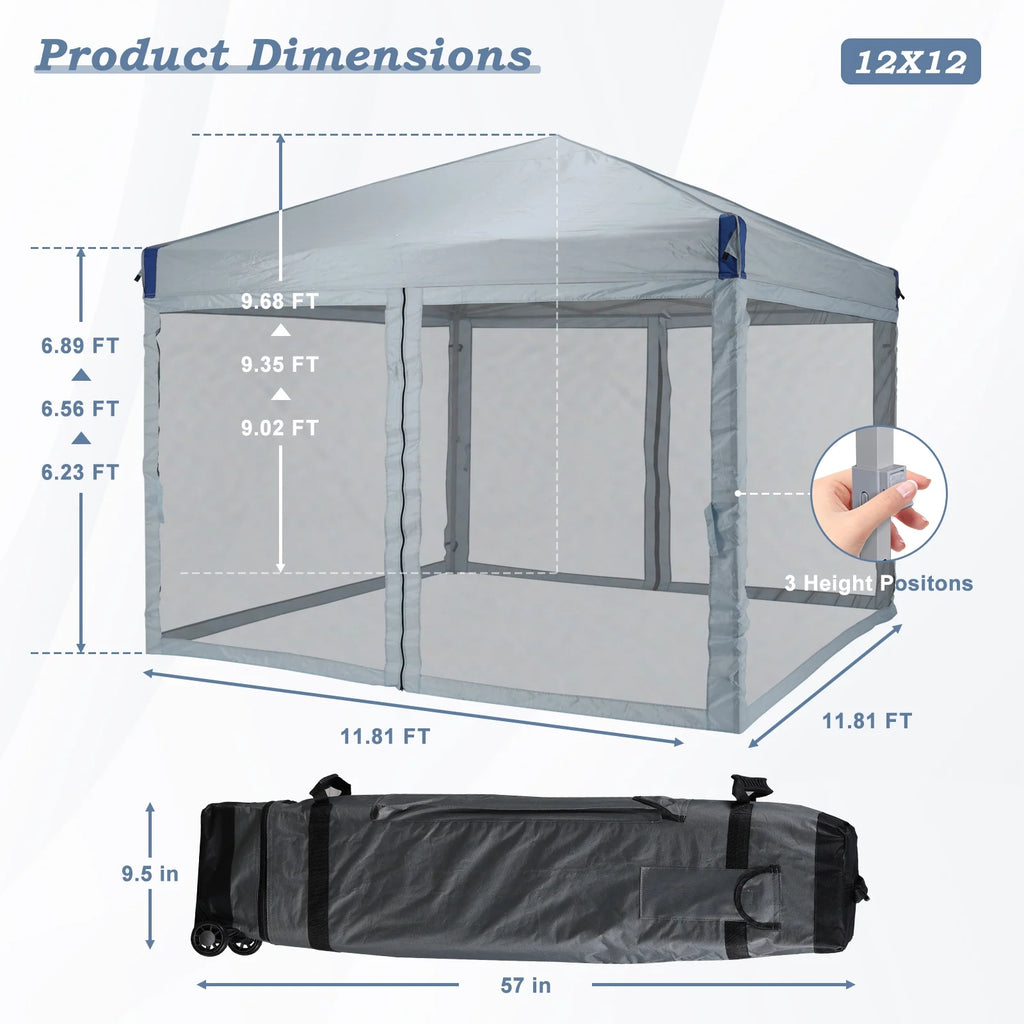 Aoodor 12'x12' Pop Up Canopy with Removable Mesh Sidewalls, Outdoor Portable Instant Shelter Tent-Black