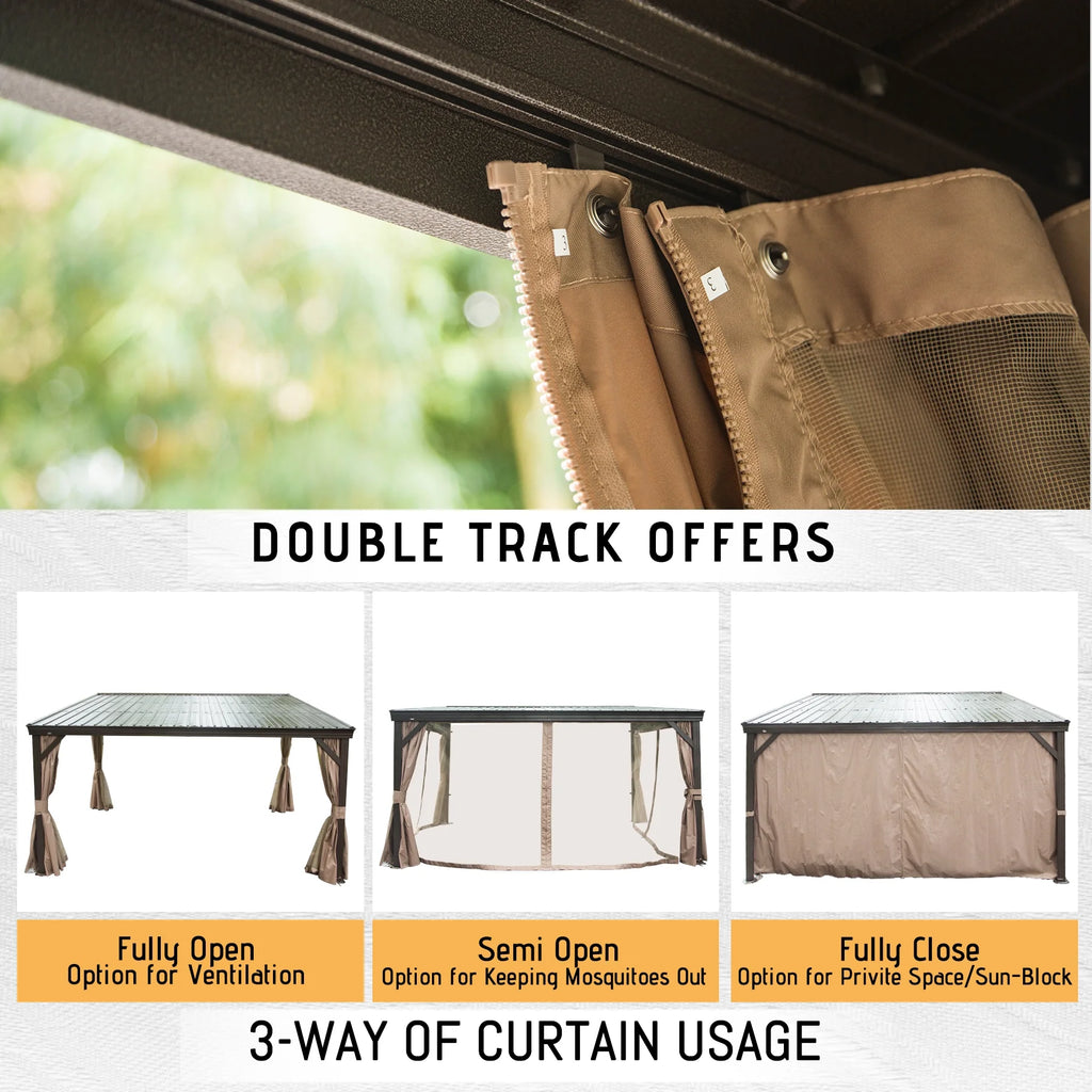 Domi Outdoor Living 10' x 12' Hardtop Lean-to Gazebo, Wall-Mounted with Galvanized Steel Roof Wall Pergola with Aluminum Frame, Curtains and Netting, for Patio, Deck, Garden, Backyard