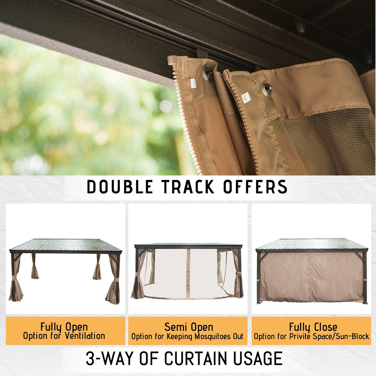 Domi Outdoor Living 10' x 12' Hardtop Lean-to Gazebo, Wall-Mounted with Galvanized Steel Roof Wall Pergola with Aluminum Frame, Curtains and Netting, for Patio, Deck, Garden, Backyard