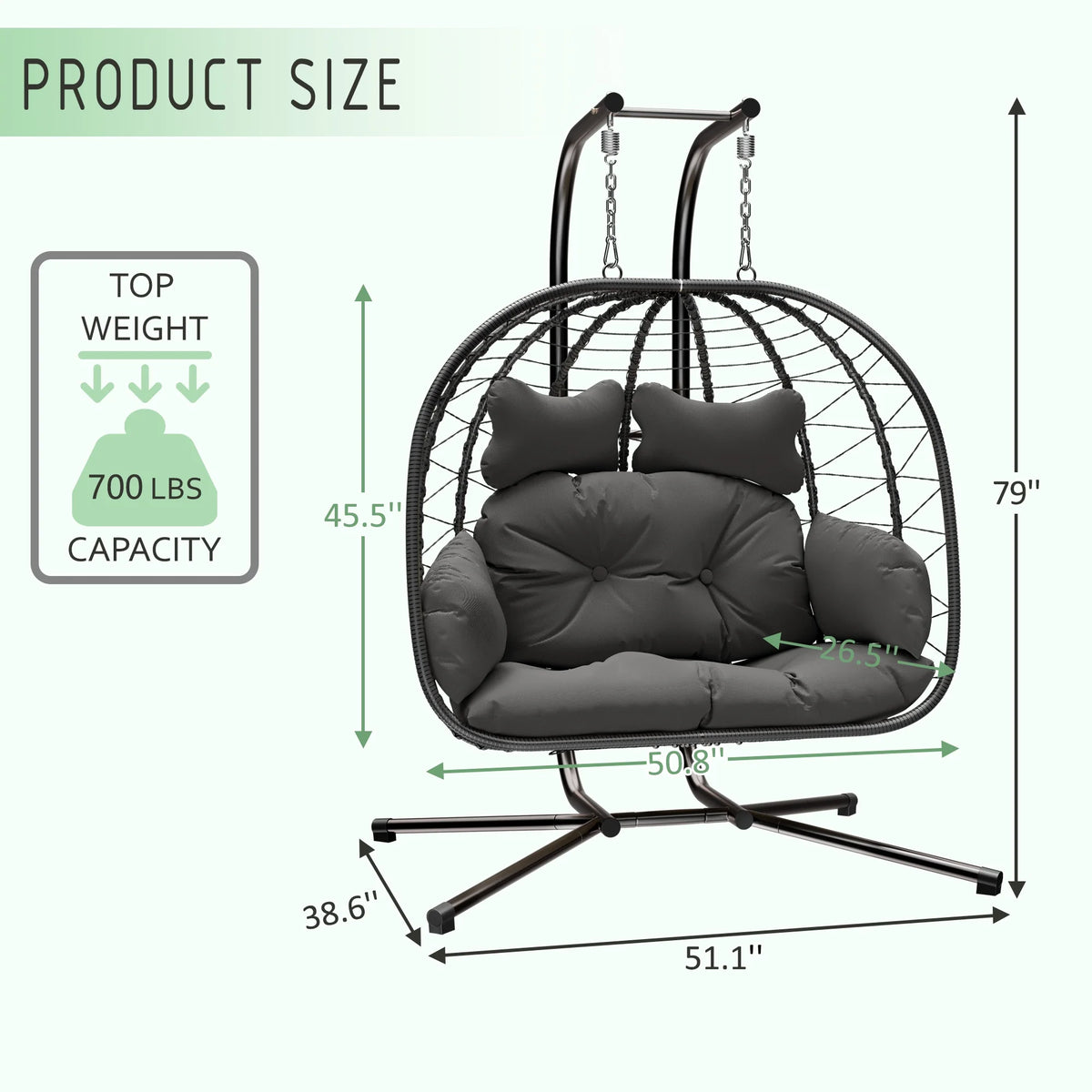 Bifanuo Double Wicker Swing Egg Chair Hammock Foldable Hanging Loveseat with Stand, UV Resistant Removable Cushions, 700LBS Capacity for Bedroom, Balcony (Black and Beige)