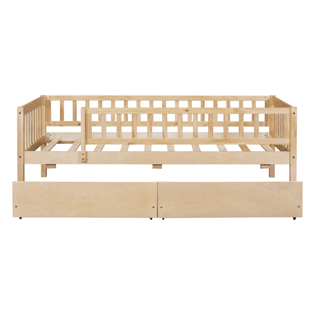 Holaki Twin Size Wood Bed with Guardrails and 2 Storage Drawers for Kids, Gray