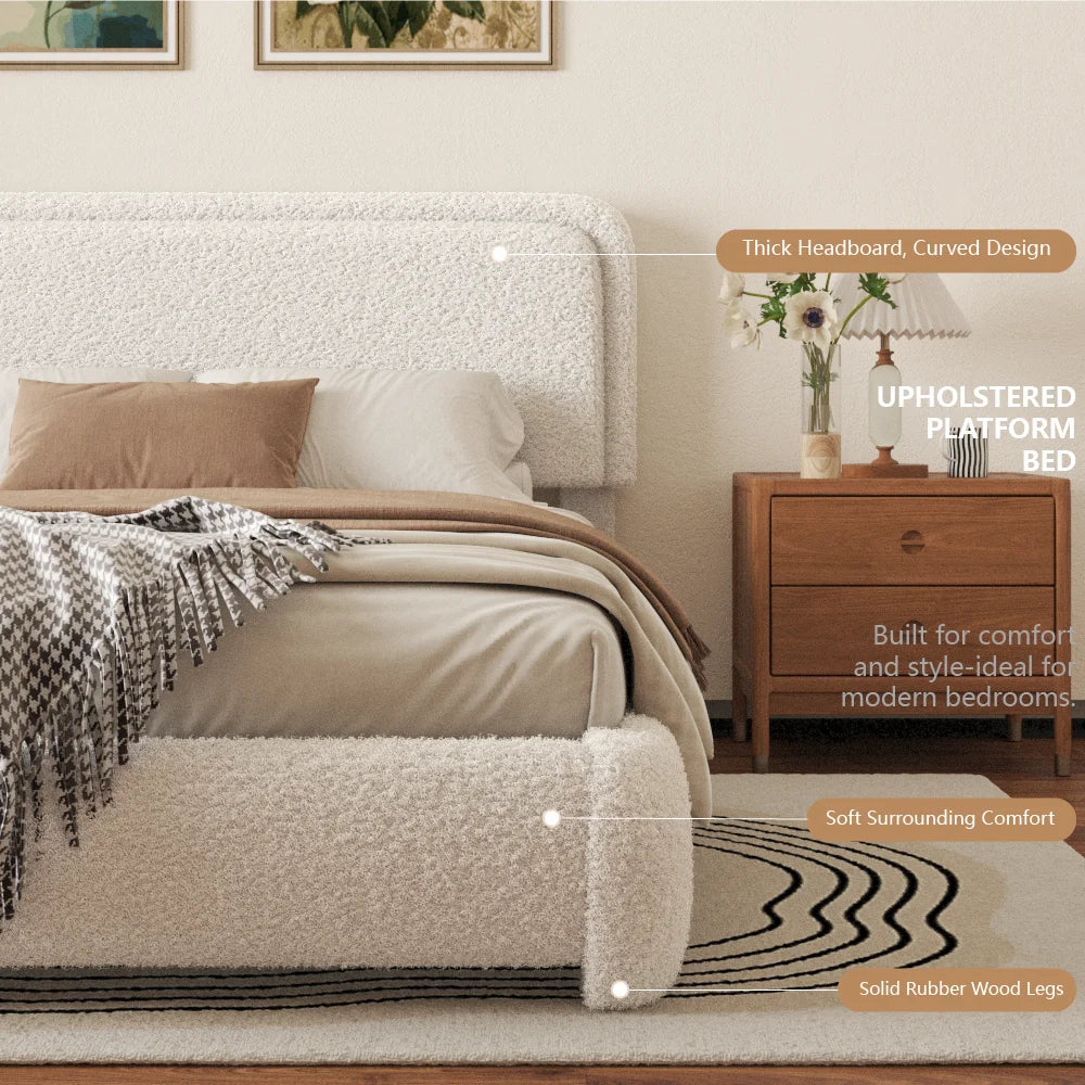 VIPLOV King Size Boucle Bed Frame, Cloud Upholstered Platform Bed with Height Adjustable Headboard & Soft Rounded Corners, No Noise Free, Easy Assembly,Beige