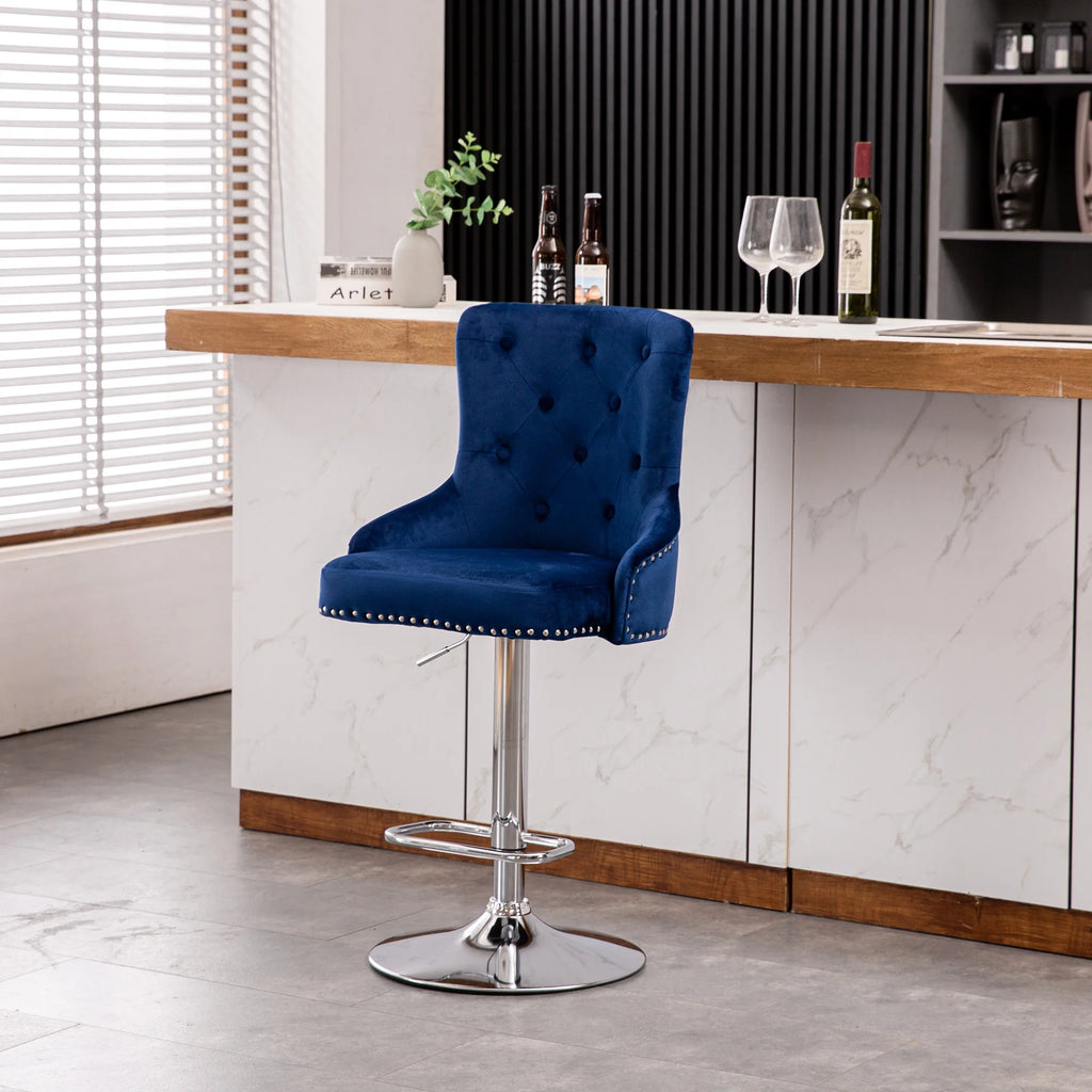 Alexent  2PCS Swivel Bar Stools, High Back, Button Tufted, Silver Footrest and Nailhead Trim Swivel Bar Chairs for Kitchen, Bar Velvet Upholstered Bar Stools, Dark Blue