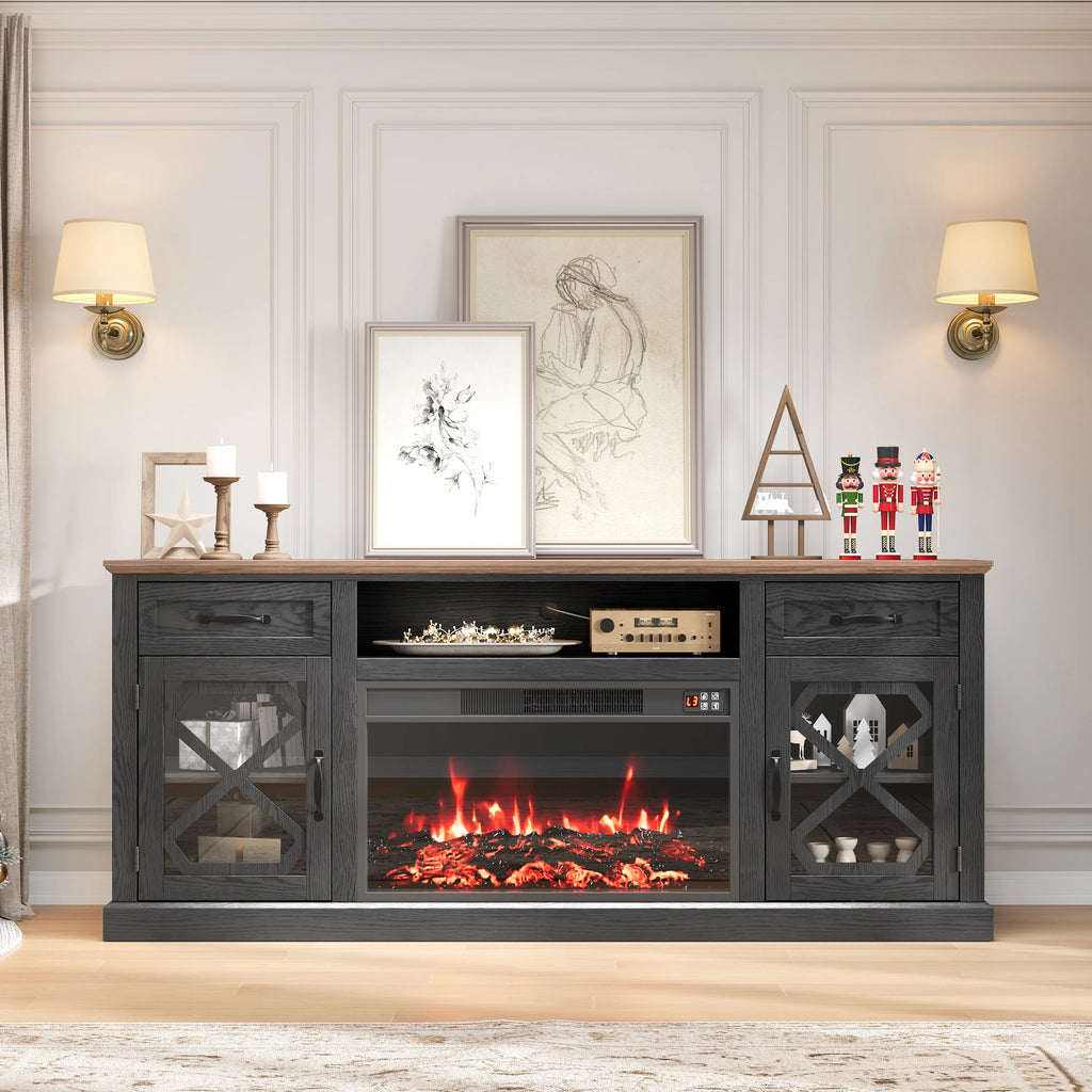 PAPROOS Fireplace TV Stand for 65 Inch TV, Modern Farmhouse TV Cabinet with 23'' Electric Fireplace, Entertainment Center Television Console Table for Living Room, Black+Brown