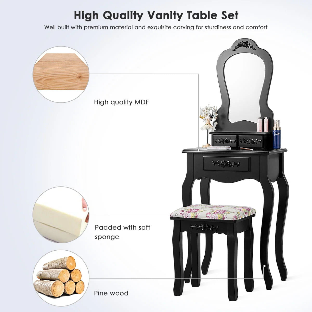 Topbuy Vanity Mirror Dressing Table Simple Style Beauty Dresser w/ Cushioned Bench Black