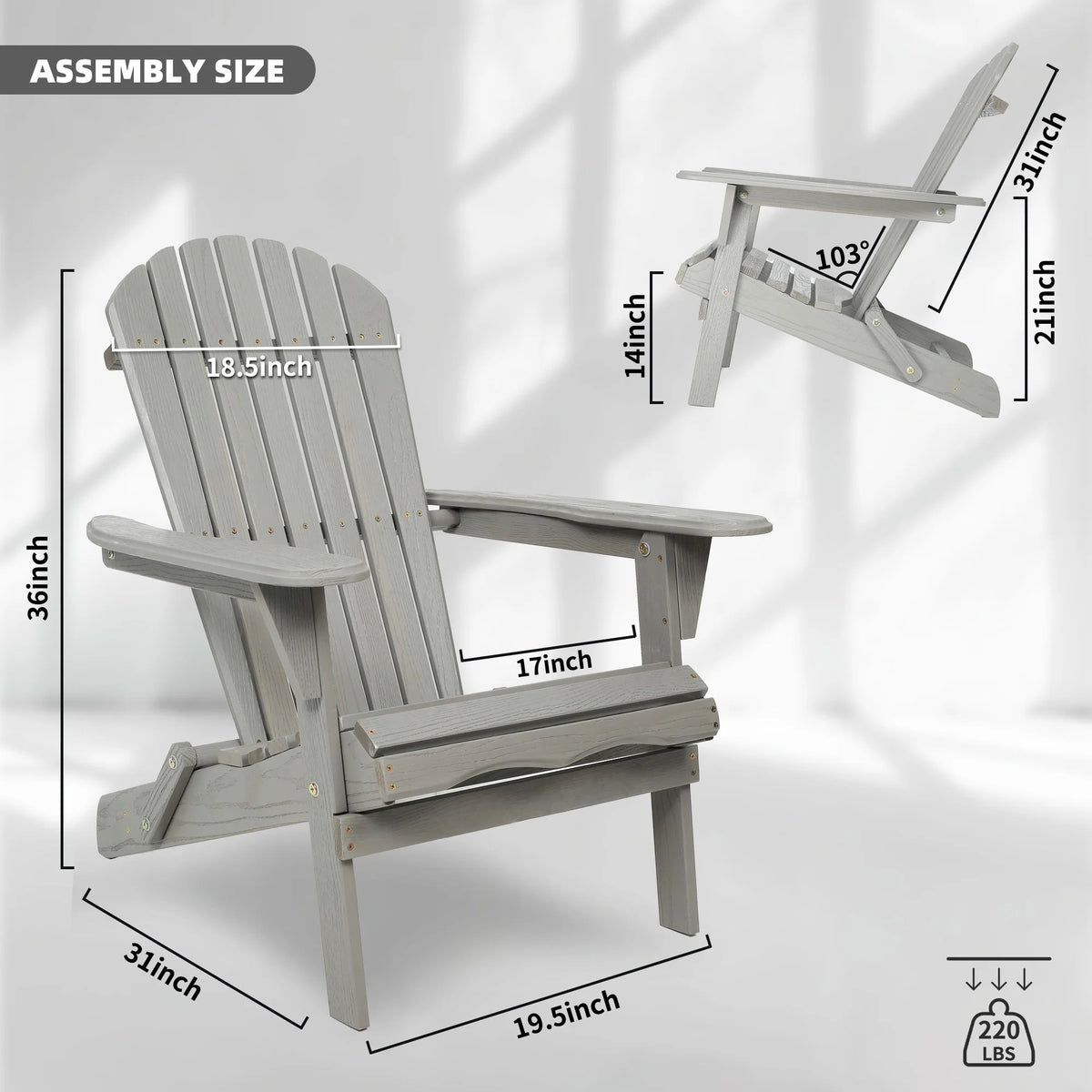 uhomepro Outdoor Adirondack Chairs Set of 2, Folding Fire Pit Chair, Weather Resistant Patio Lawn Chair for Outside Deck Garden Backyard Balcony, Gray