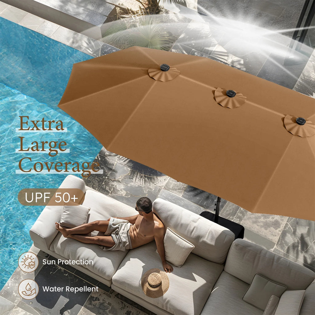 Summit Living 15 FT Double-Sided Solar Patio Umbrella with Base Large Outdoor Umbrella with LED Solar Lights - Haze Blue