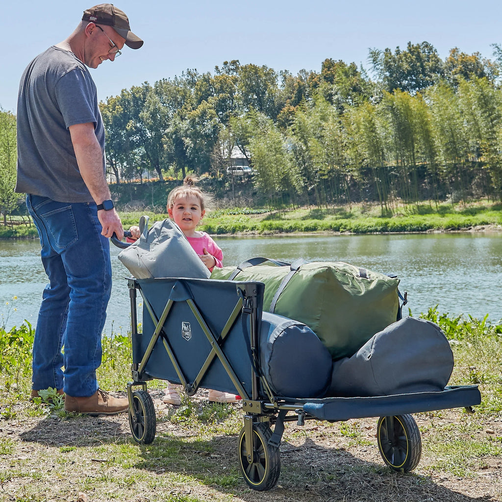 TIMBER RIDGE 250L Foldable Wagon with Tailgate and Brakes, 49" Extra Long Collapsible Heavy Duty 300 lbs Large Capacity Cart for Sports, Shopping, Camping, Blue