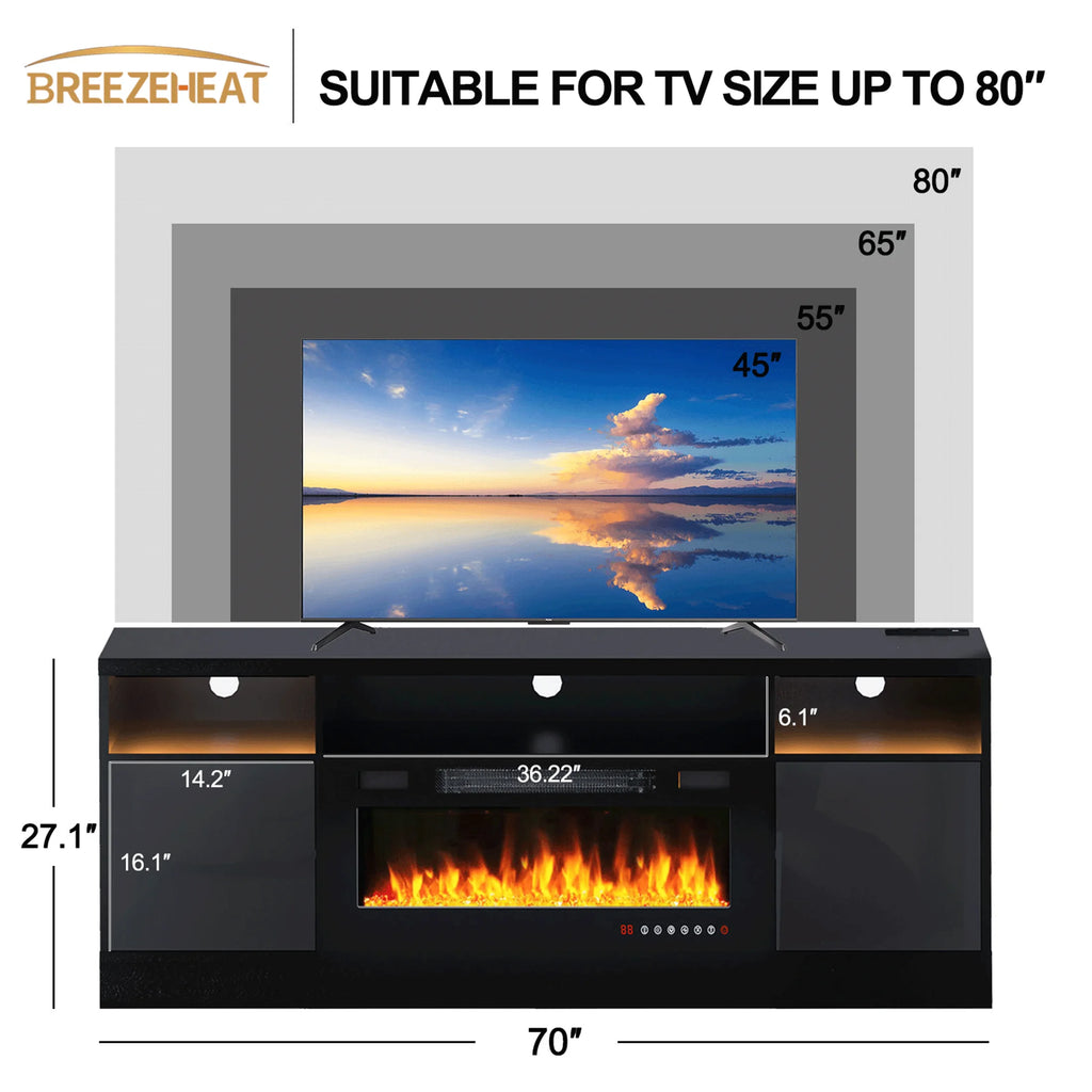 BREEZEHEAT Electric Fireplace TV Stand-70 inch TV Stand with 36" Electric Fireplace-Living Room Tv Cabinet with Storage for TVs Up to 80"-Led Entertainment Center Modern Media Console (Black)