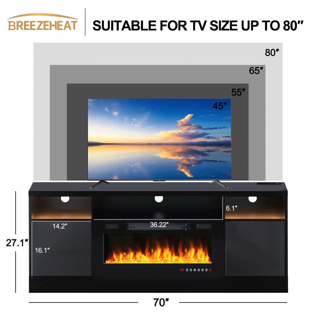 BREEZEHEAT Electric Fireplace TV Stand-70 inch TV Stand with 36" Electric Fireplace-Living Room Tv Cabinet with Storage for TVs Up to 80"-Led Entertainment Center Modern Media Console (Black)