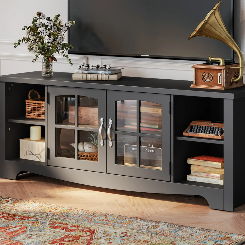 LINSY HOME Modern Farmhouse TV Stand for TVs up to 65",Home Entertainment Center with Storage Cabinet and Adjustable Shelves,Washed Grey & Brown