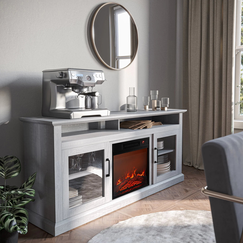 BELLEZE 60" TV Stand with 18" Electric Fireplace, Traditional TV Stand for TVs up to 65", Modern Media Entertainment Center Console Table with Open Storage Shelves & Cabinets - Cayman (Rustic Grey)