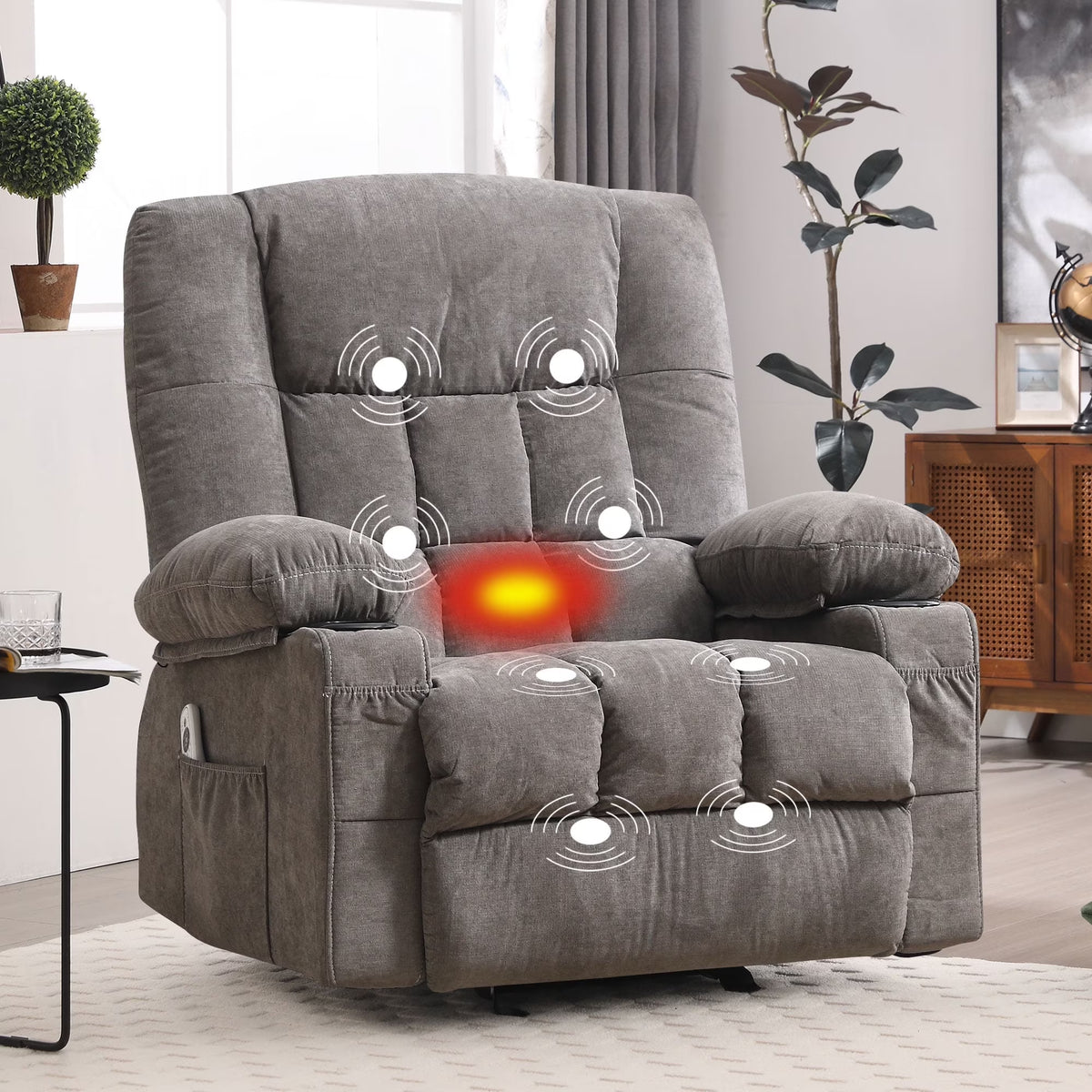 JONPONY Manual Recliner Chair with Heat Therapy and Massage Function, Heavy Duty Reclining Mechanism Massage Chair, Elderly Single Rocker Sofa with Cup Holders for Bedroom Home Theater,Blue