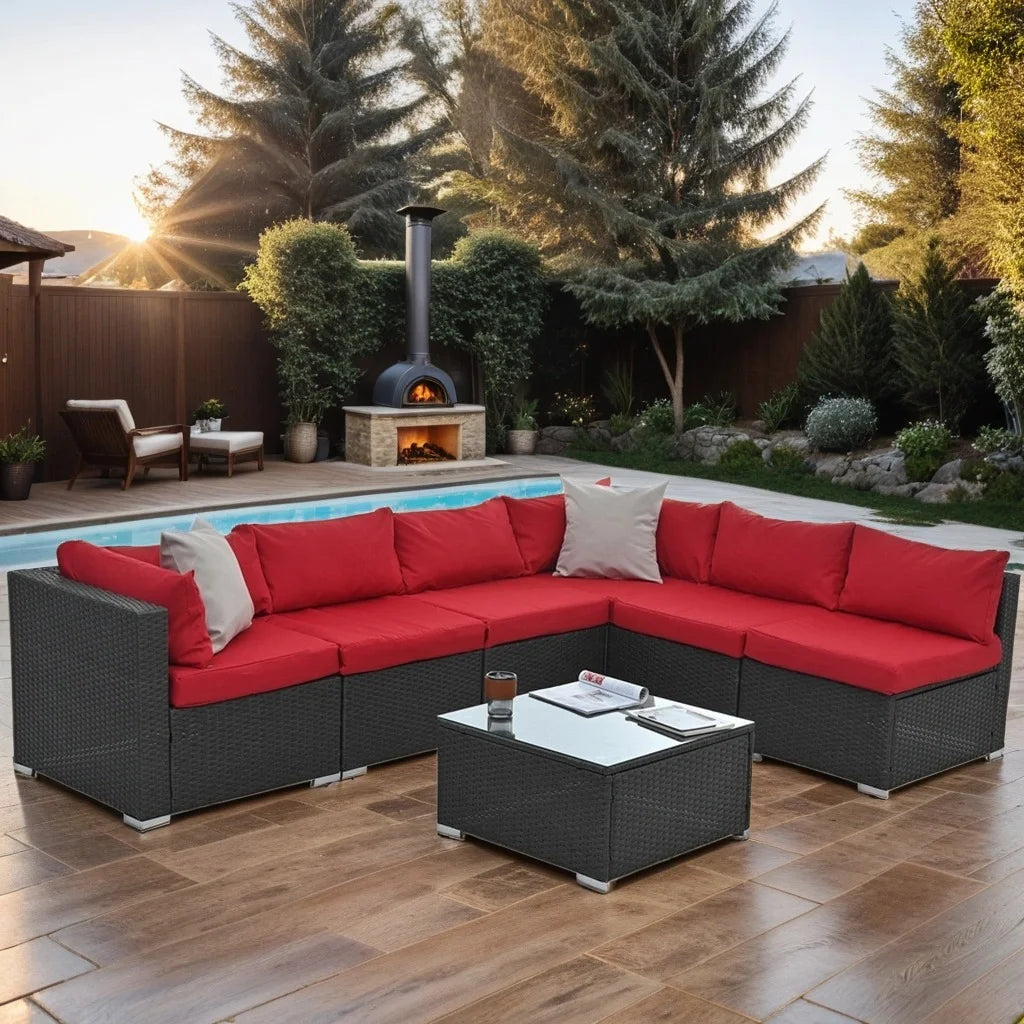 7 Pieces Outdoor Patio Furniture Set, Outdoor Sectional Rattan Sofa, PE Manual Weaving Wicker Patio Conversation Set with Cushion, Glass Table, Pillow, Dark Gray