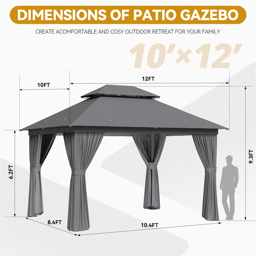 Sunmthink Outdoor Gazebo for Patio 10x12, Metal Frame Canopy with Double Roofs, Heavy Duty Party Tent and Shelter with Mosquito Netting and Privacy Screen for Backyard,Garden,Deck (Gray)