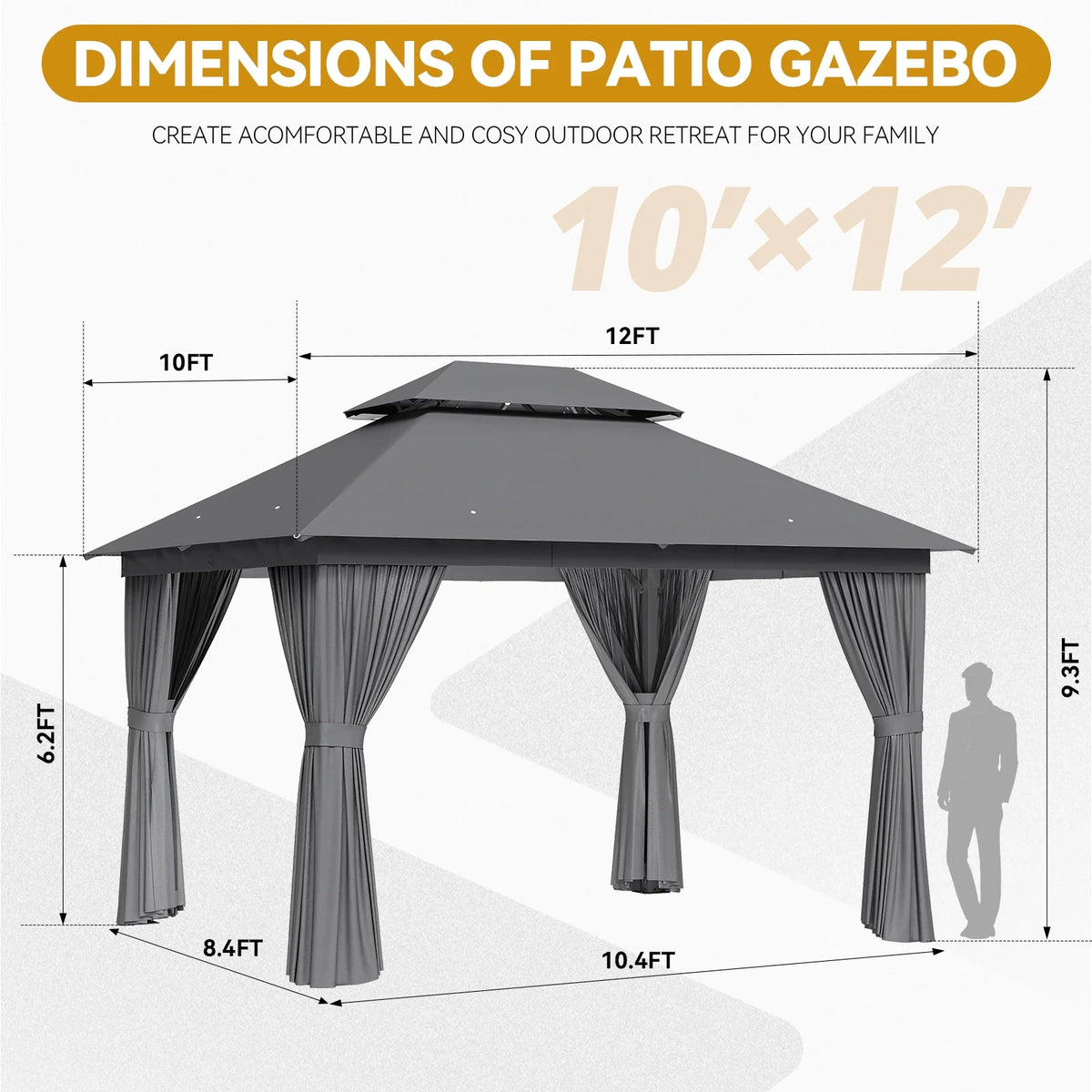 Sunmthink Outdoor Gazebo for Patio 10x12, Metal Frame Canopy with Double Roofs, Heavy Duty Party Tent and Shelter with Mosquito Netting and Privacy Screen for Backyard,Garden,Deck (Gray)