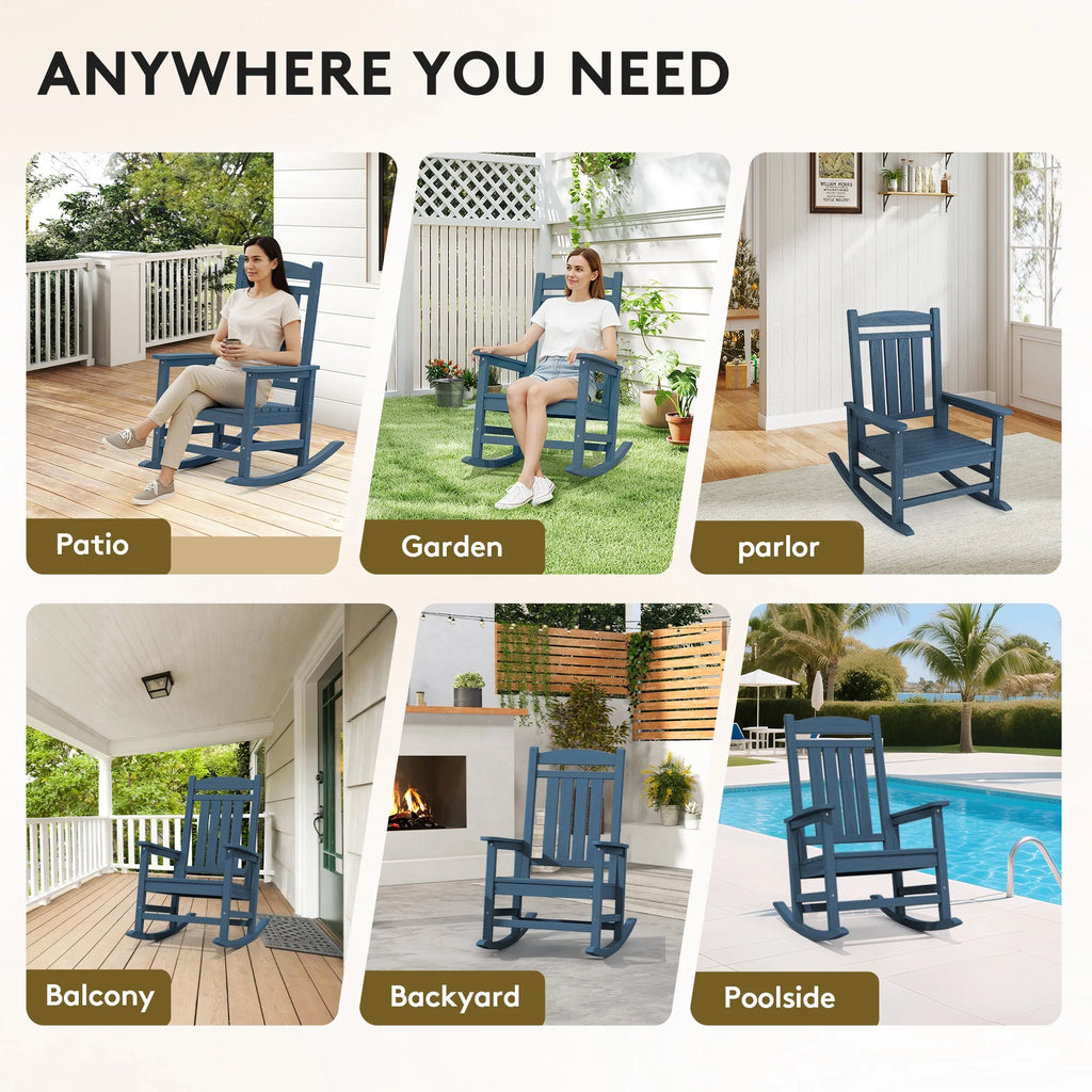 KINGYES Outdoor Rocking Chair Set of 2, HDPE Patio Rocking Chair, Heavy Duty Front Porch Rocker, Navy