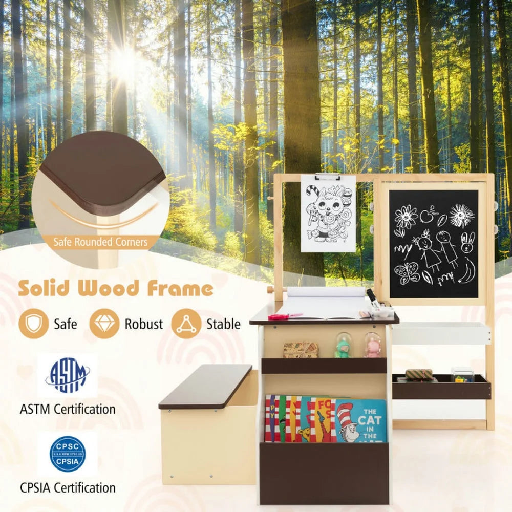 Spaco Kids Art Center Wooden Table Bench Set-Brown, Toddler Table and Chair Set for Arts & Crafts, Snack Time, Homeschooling, Homework