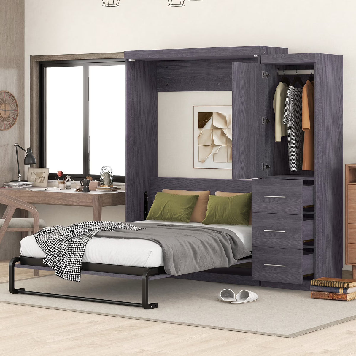 Euroco Wood Full Size Murphy Wall Bed with Wardrobe and Drawers for Living Room, Moveable Wardrobe and Drawers, Space-Saving & Easy Open and Close for Kids Teens Adults, Gray