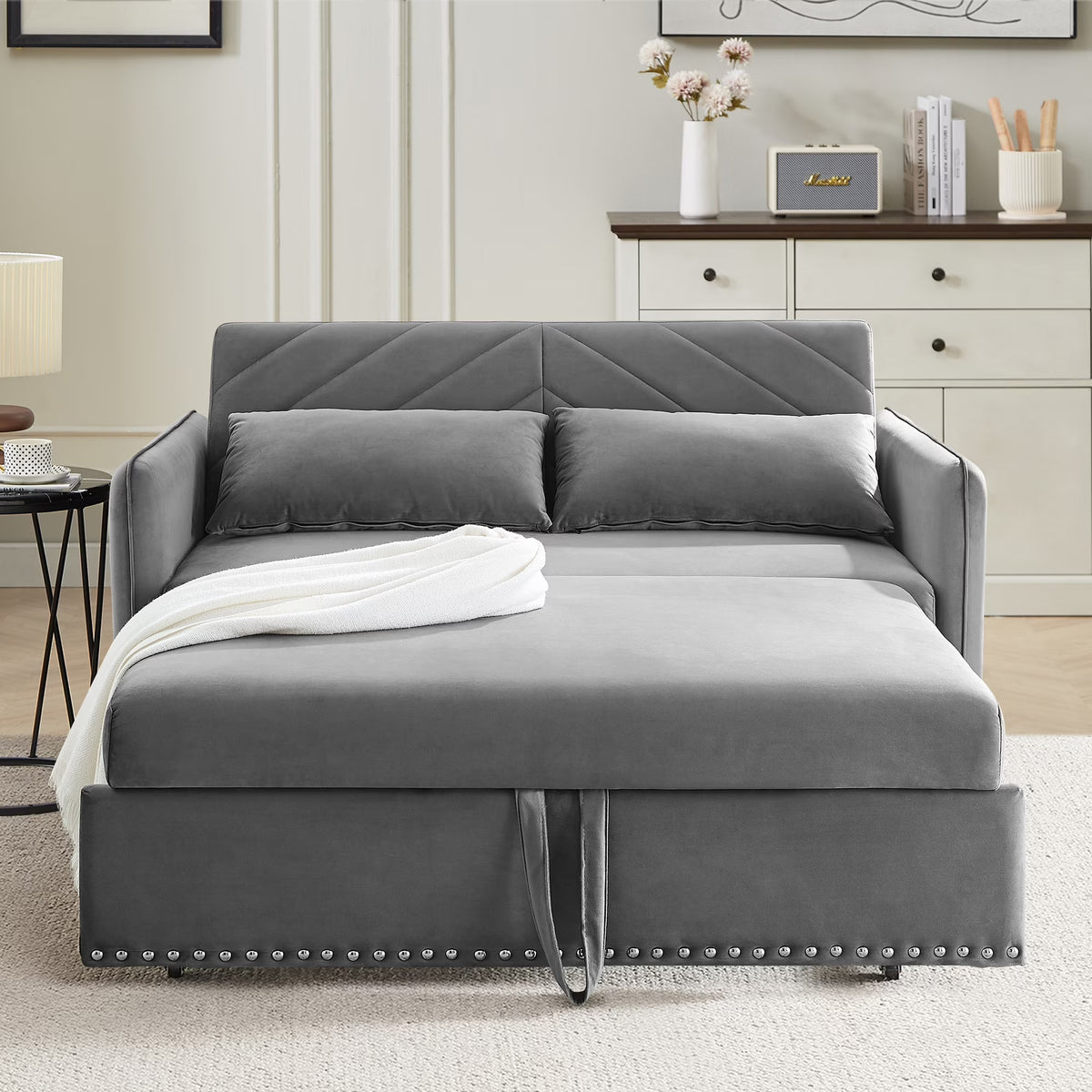 55" Convertible Sleeper Sofa Bed,3 in 1 Convertible Sleeper Loveseat with USB Ports,Modern Velvet Pull Out Sofa Bed with 2 Pillows and Rivet Design for Living Room Furniture,Gray