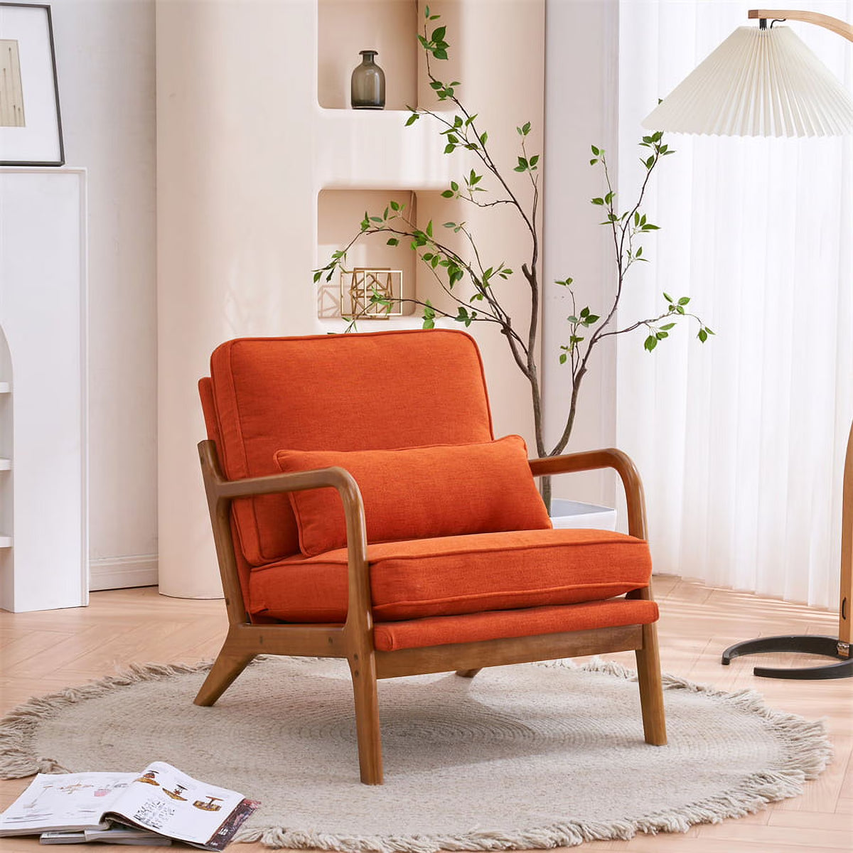 Modern Accent Chair, Upholstered Armchair with Wood Frame, Bronzing Cloth Single Sofa Chair with Lumbar Pillow for Living Room Bedroom Apartment, Orange