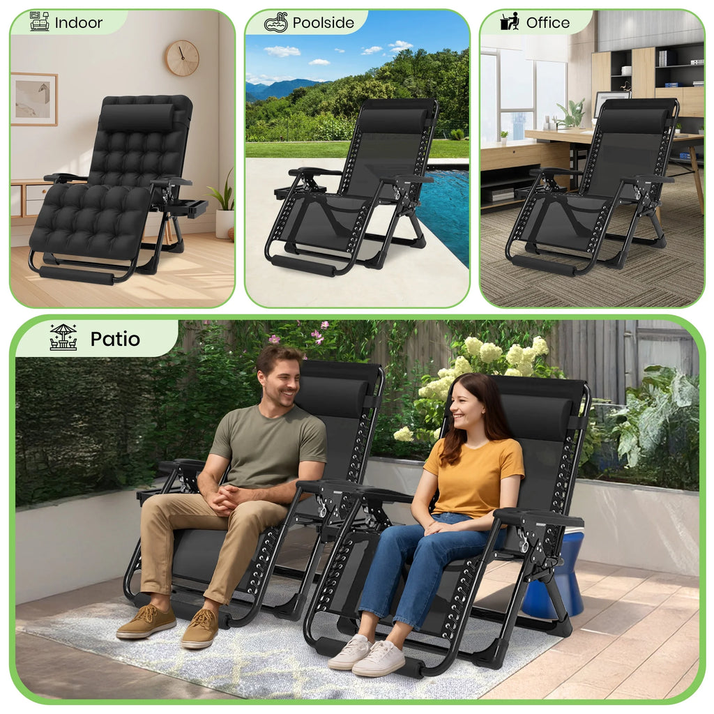 GVDV Oversized Zero Gravity Chair, 33In XXL Lounge Chair with Removable Thick Cushion, Lawn Patio Reclining Chair Upgraded Alloy Lock and Cup Holder, for Indoor Outdoor, Black