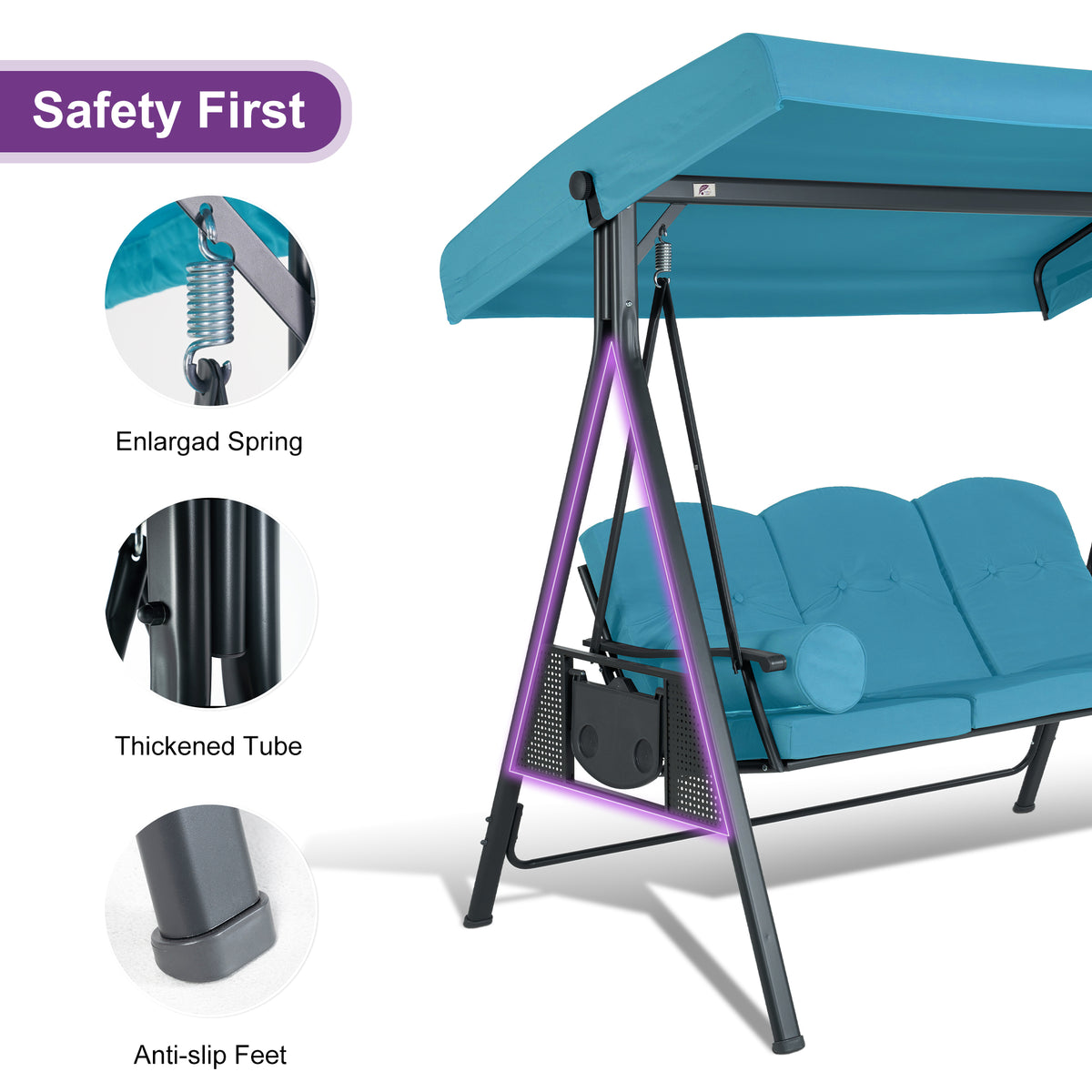 PURPLE LEAF 3-Seat Deluxe Outdoor Patio Porch Swing with Weather Resistant Steel Frame, Adjustable Tilt Canopy, Cushions and Pillow Included, Terra