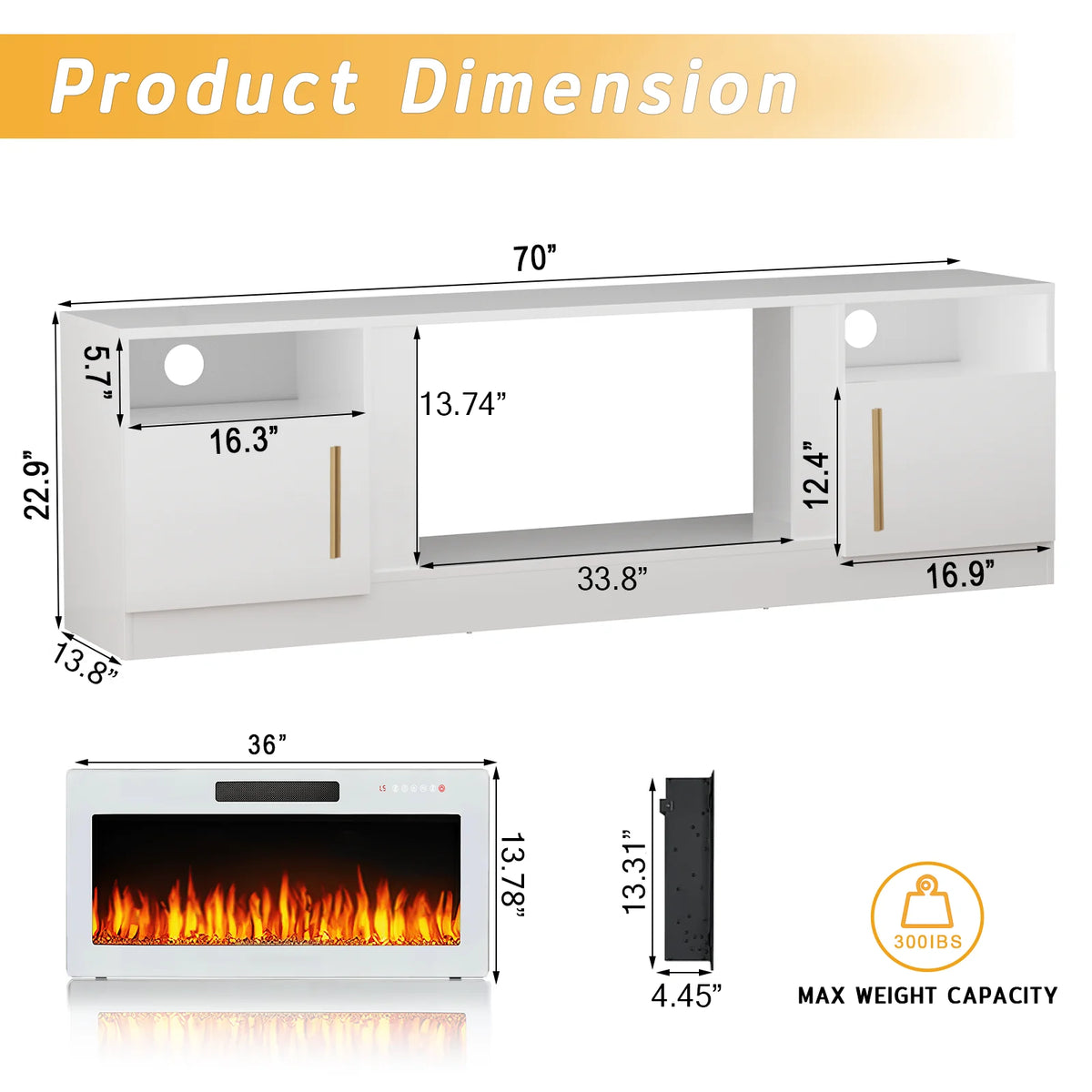 Waleaf Fireplace TV Stand with 36" Electric Fireplace Up to 80" TVs, Modern Wood Media TV Console with Highlight Cabinet, White