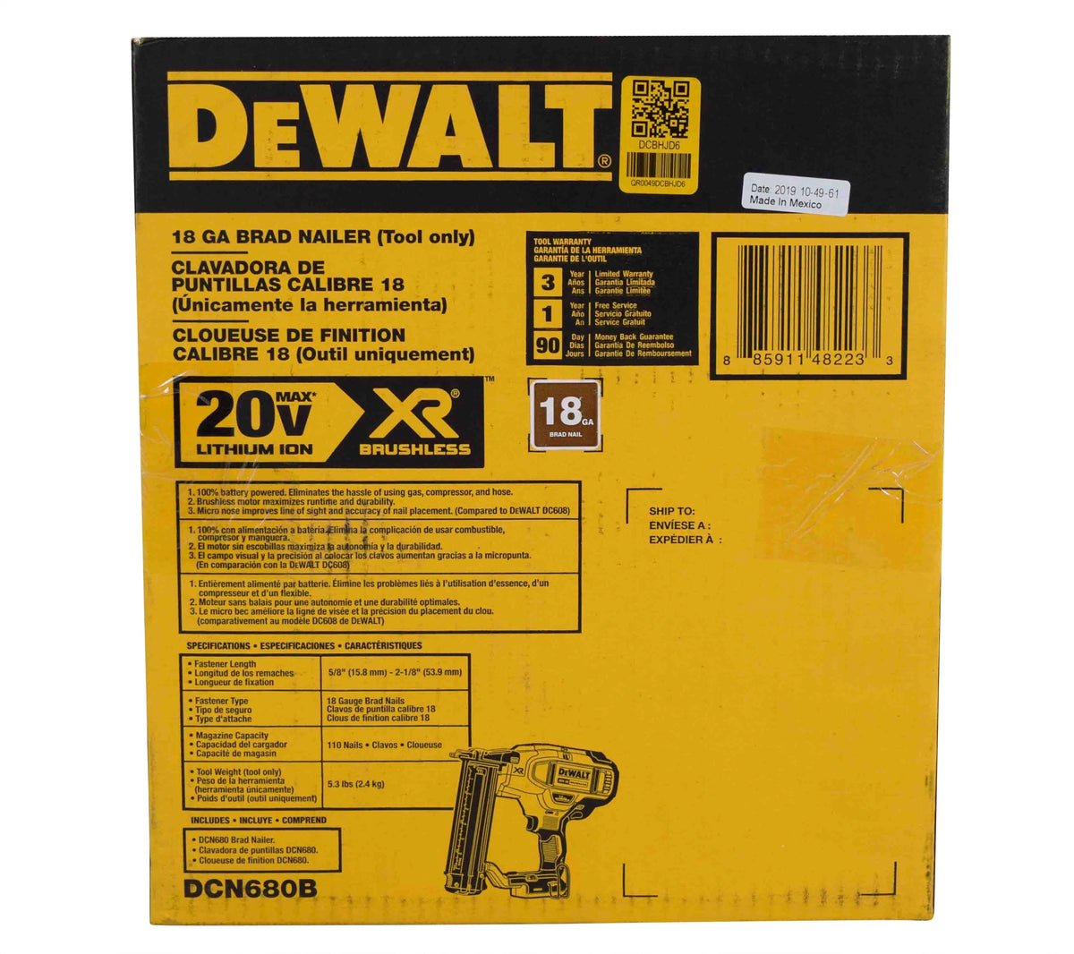 DEWALT DCN680B 20V MAX 18-Gauge Cordless Brad Nailer Brushless Motor, Tool-Free Adjustments (Bare Tool)
