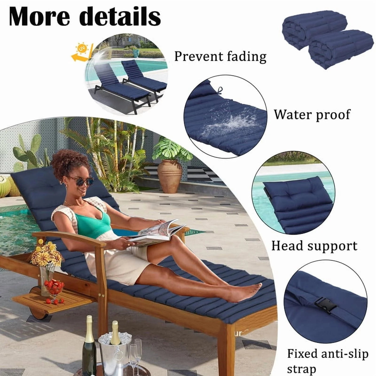 2pcs Outdoor Chaise Lounge Cushions, Waterproof Patio Foldable Chair Cushion for Garden Pool, 73 x 24in Sun Lounger Cushions for Outdoor Furniture Navy blue