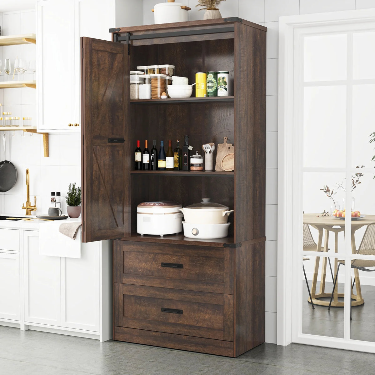 72''Tall Farmhouse Kitchen Pantry Cabinet, 3 Layers Storage Cabinet with Adjustable Shelves, 2 Drawer, Folding Door, Versatile Large Rustic Cabinet for Kitchen, Dining Room, Living Room, Bathroom
