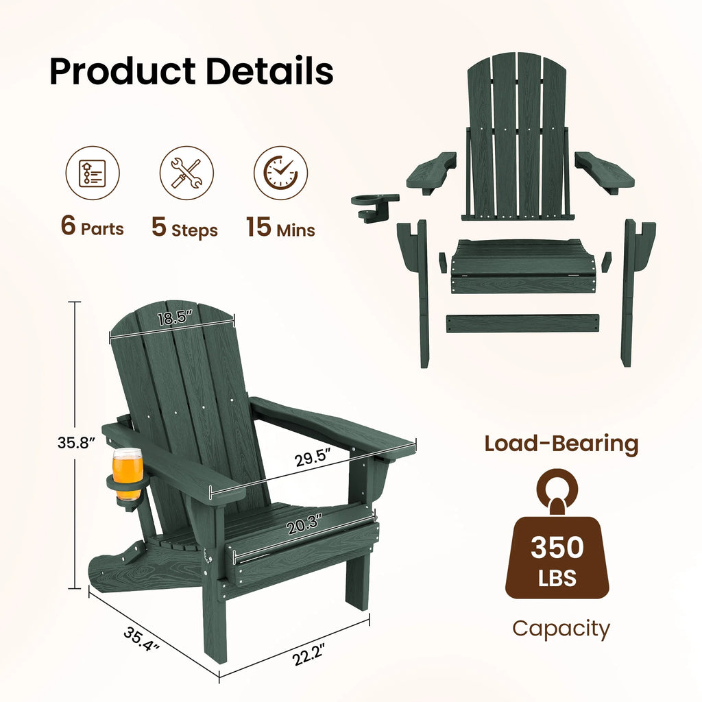 SERWALL Outdoor Adjustable Folding HDPE Adirondack Chairs Set of 2 with Cup Holder, Gray
