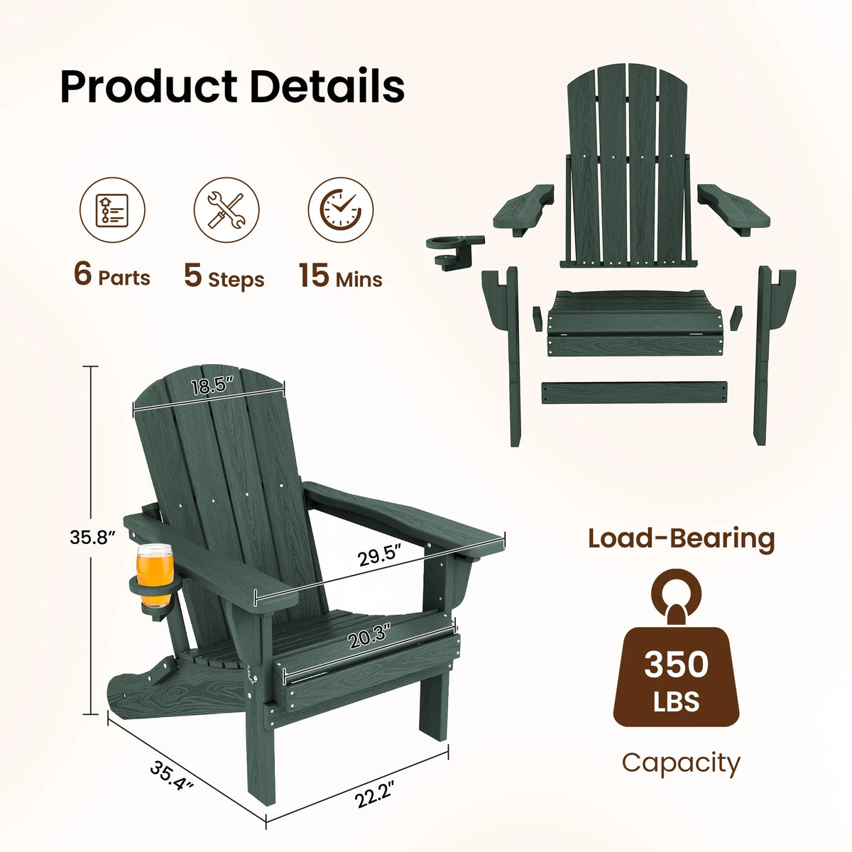 SERWALL Outdoor Adjustable Folding HDPE Adirondack Chairs Set of 2 with Cup Holder, Gray