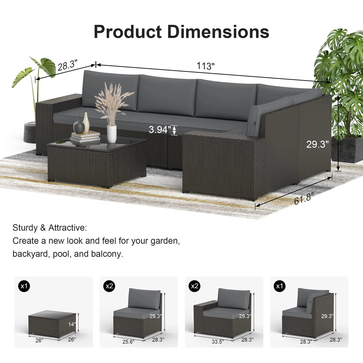 Phonjoroo 13 Pieces Outdoor Patio Furniture Set with 42 Fire Pit Table, Rattan Patio Sectional Sofa Conversation Set w/ 50000 BTU Propane Fire Pit and Coffee Table for Garden, Backyard