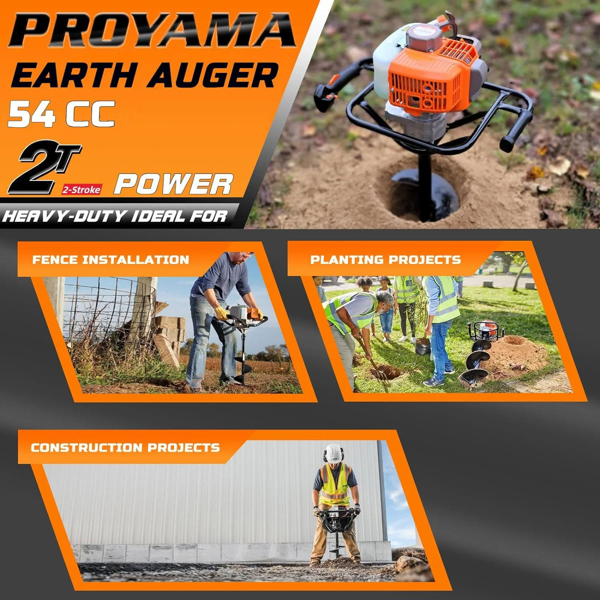 PROYAMA 54cc Post Hole Digger 2 Stroke Gas Powered  Earth Digger, 5-Year Warranty Gear Box, 4 Drill Bits 4" 6" 8" 12" + Extension Rod