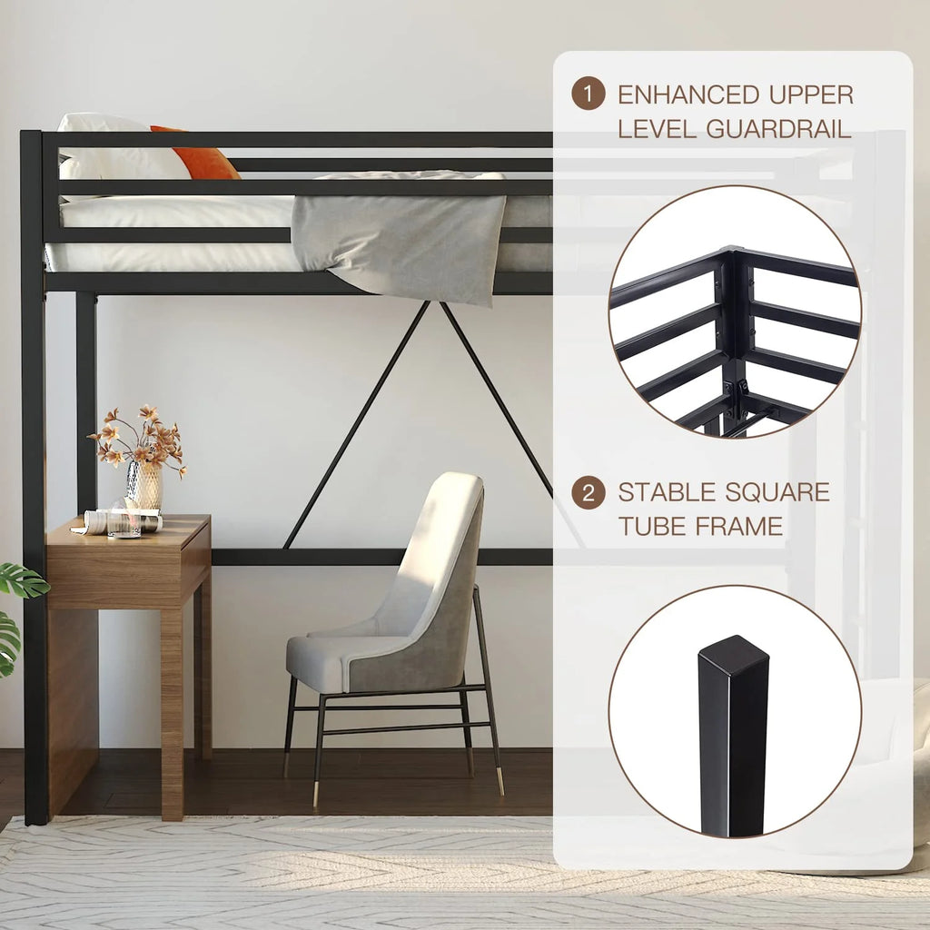 Einfach Metal Twin Size Loft Bed with Removable Ladder & Full-Length Guardrail, White