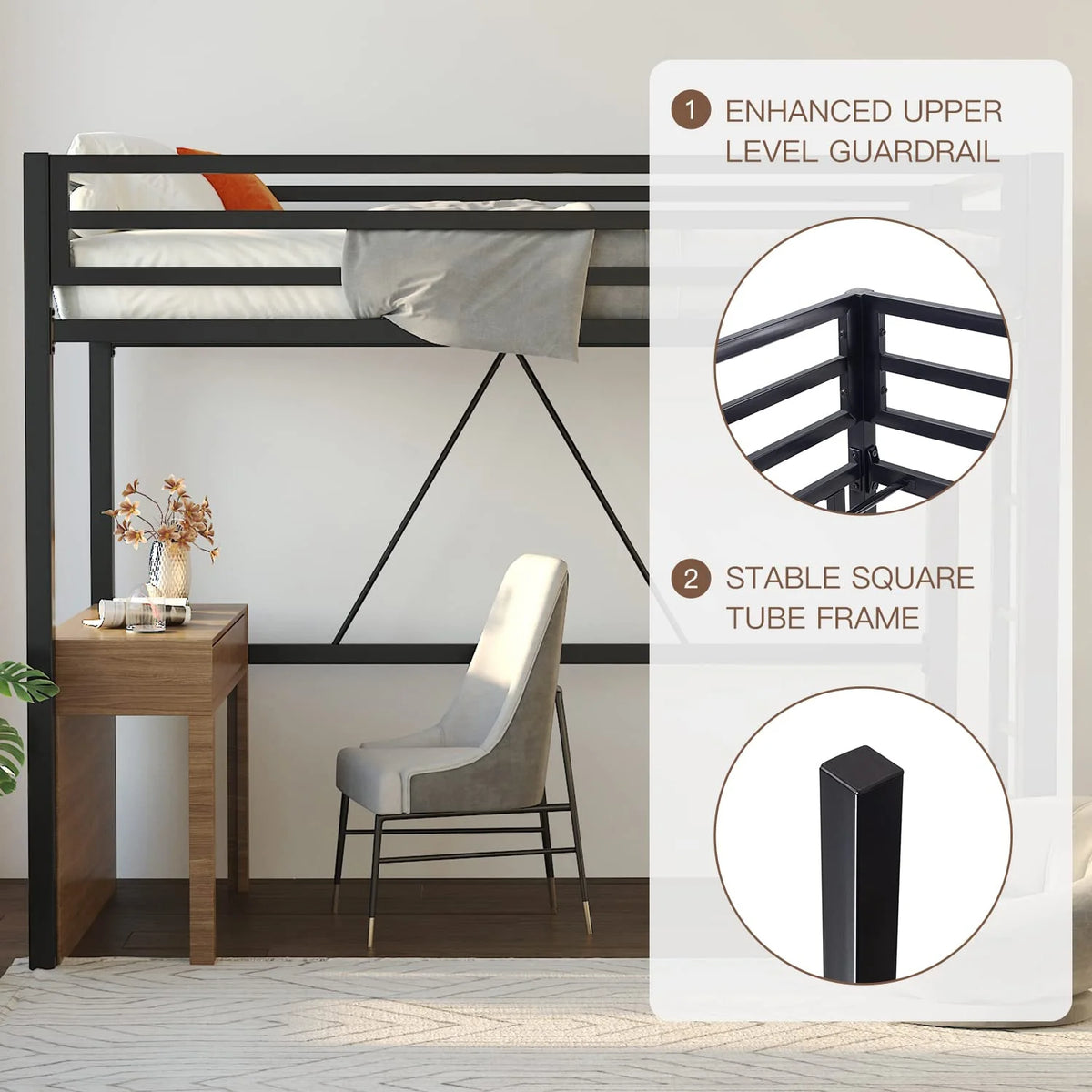 Einfach Metal Twin Size Loft Bed with Removable Ladder & Full-Length Guardrail, White