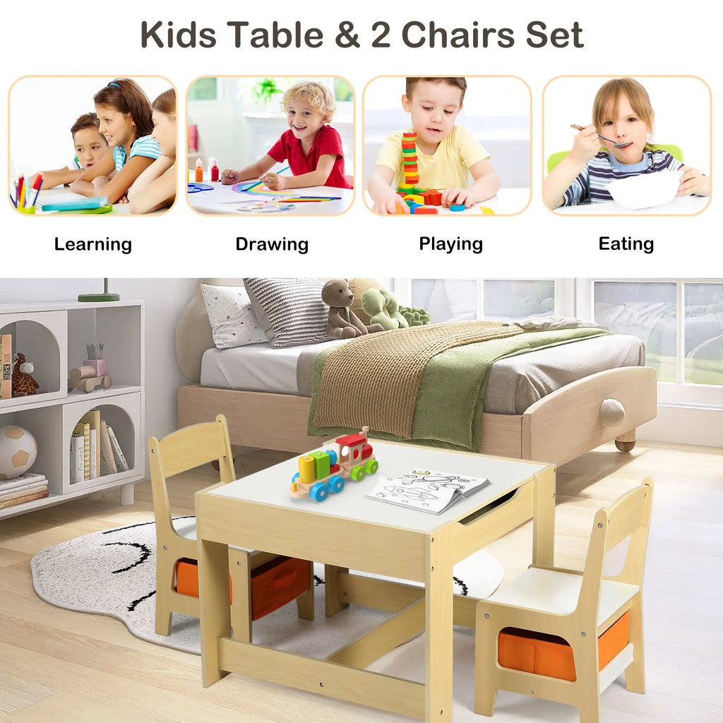 LINLUX Kids Table and 2 Chairs Set, Children Activity Table Chairs with Chalkboard/Whiteboard, Grey