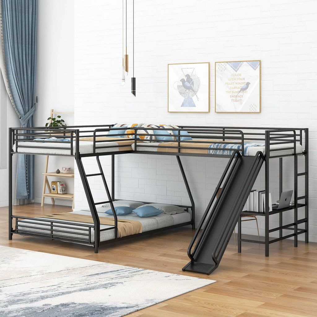 Metal L-Shaped Twin over Full Bunk and Loft Bed with Desk for Kids, Black