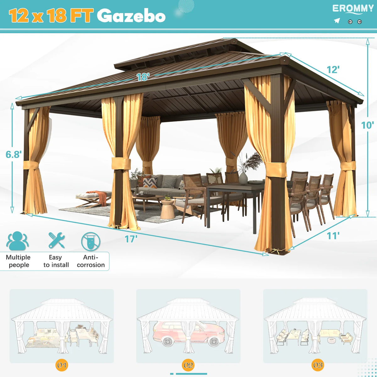 EROMMY 10'x12' Hardtop Gazebo with Galvanized Steel Double Roof & Aluminum Frame