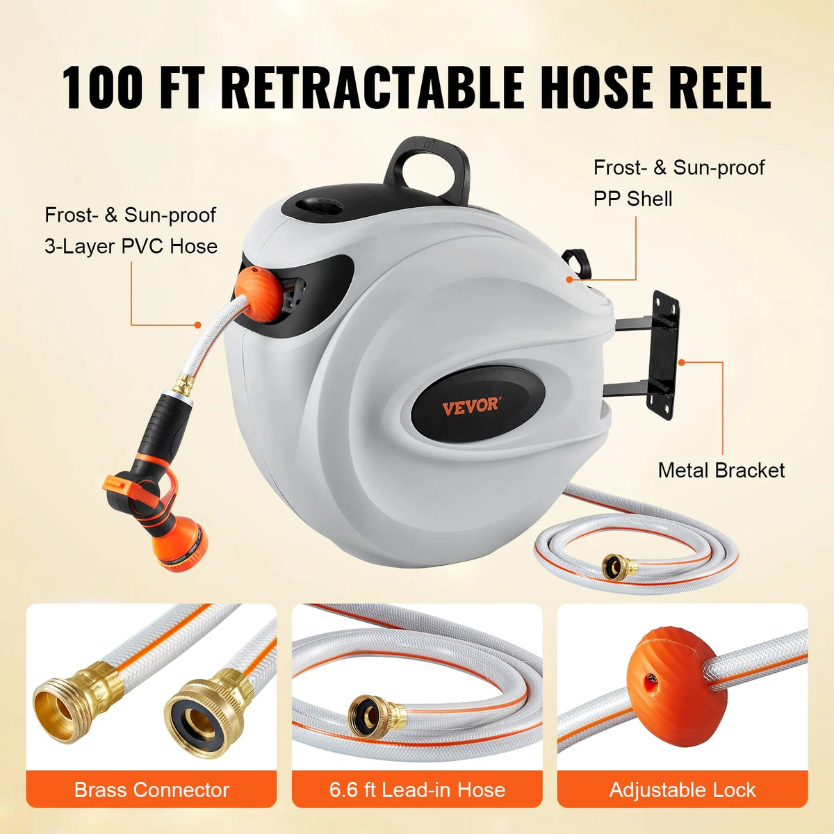 VEVOR Retractable Hose Reel, 100 ft x 1/2 inch, 180 Swivel Bracket Wall-Mounted, Garden Water Hose Reel with 9-Pattern Nozzle, Automatic Rewind, Lock at Any Length, and Slow Return System