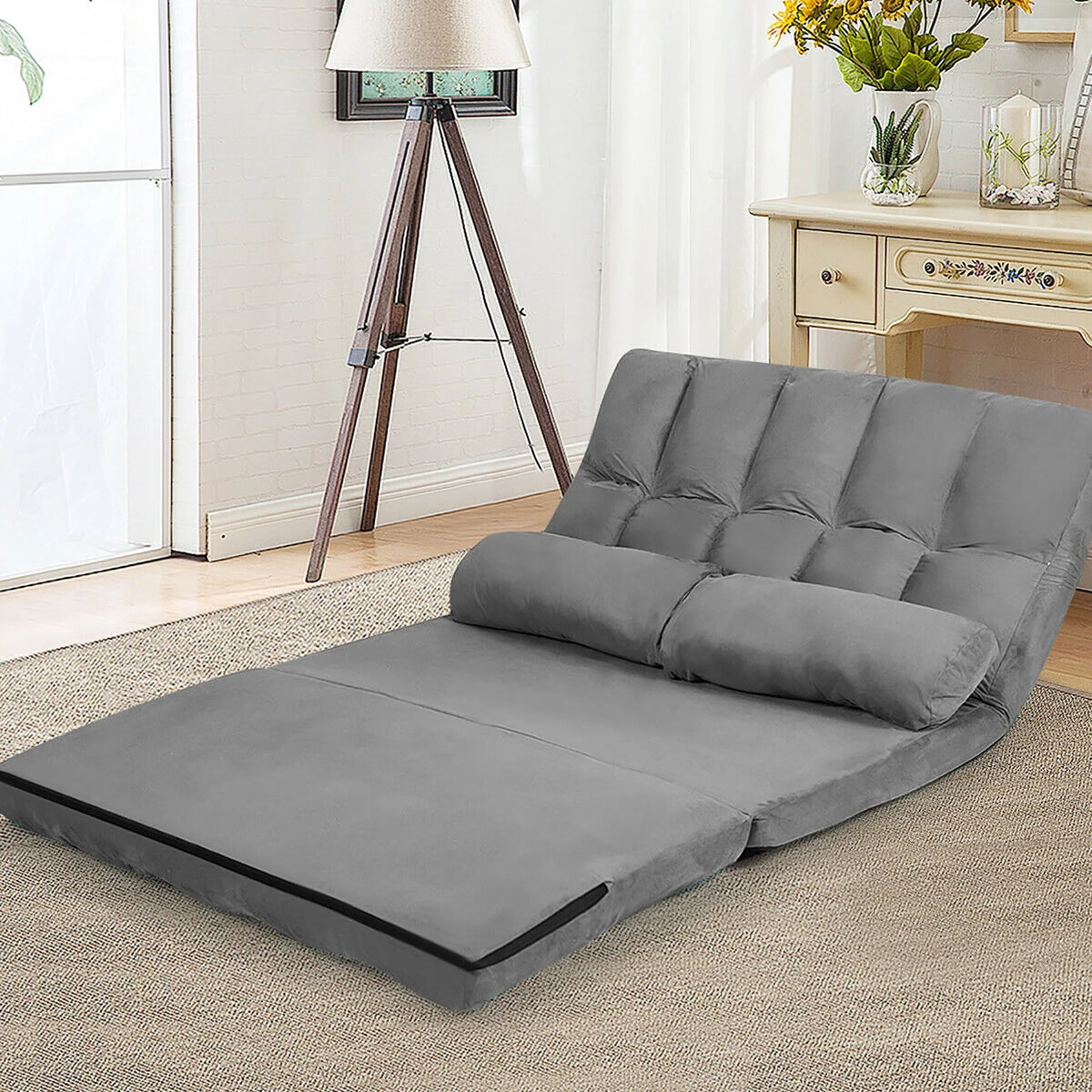 Costway Foldable Floor Sofa Bed 6-Position Adjustable Lounge Couch with 2 Pillows Grey