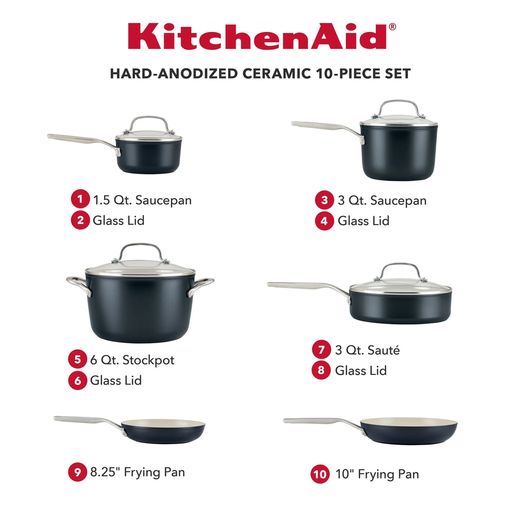 KitchenAid Hard Anodized 10 Pcs Ceramic Nonstick Cookware Pots and Pans Set, Oven Safe to 500F, Pistachio